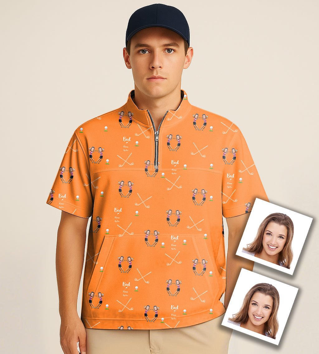 Half zipper turtleneck golf shirt with custom sister photo face and name embroidery in orange color