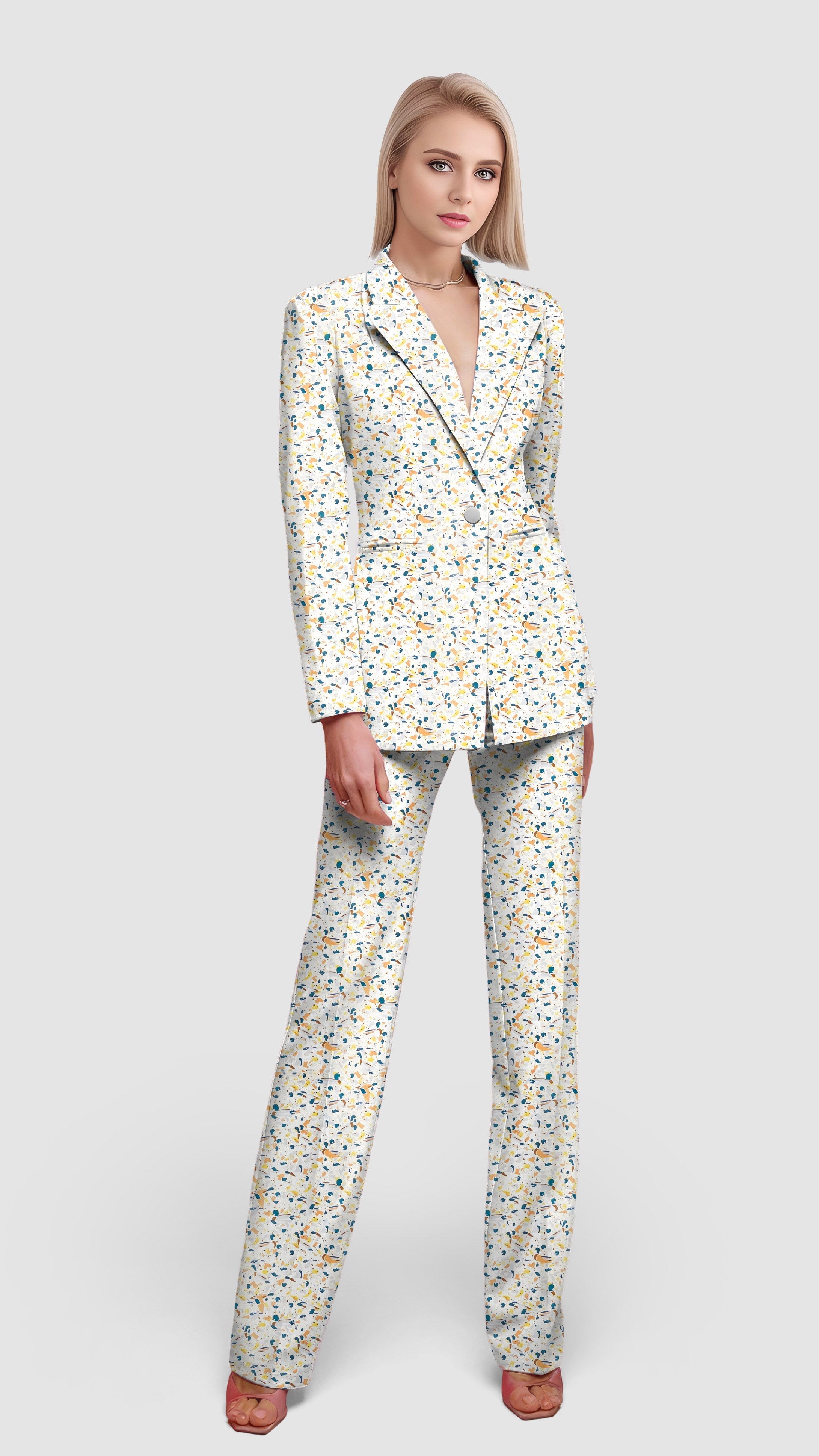 Yellow terrazzo women's blazer and matching pants casual office suit set