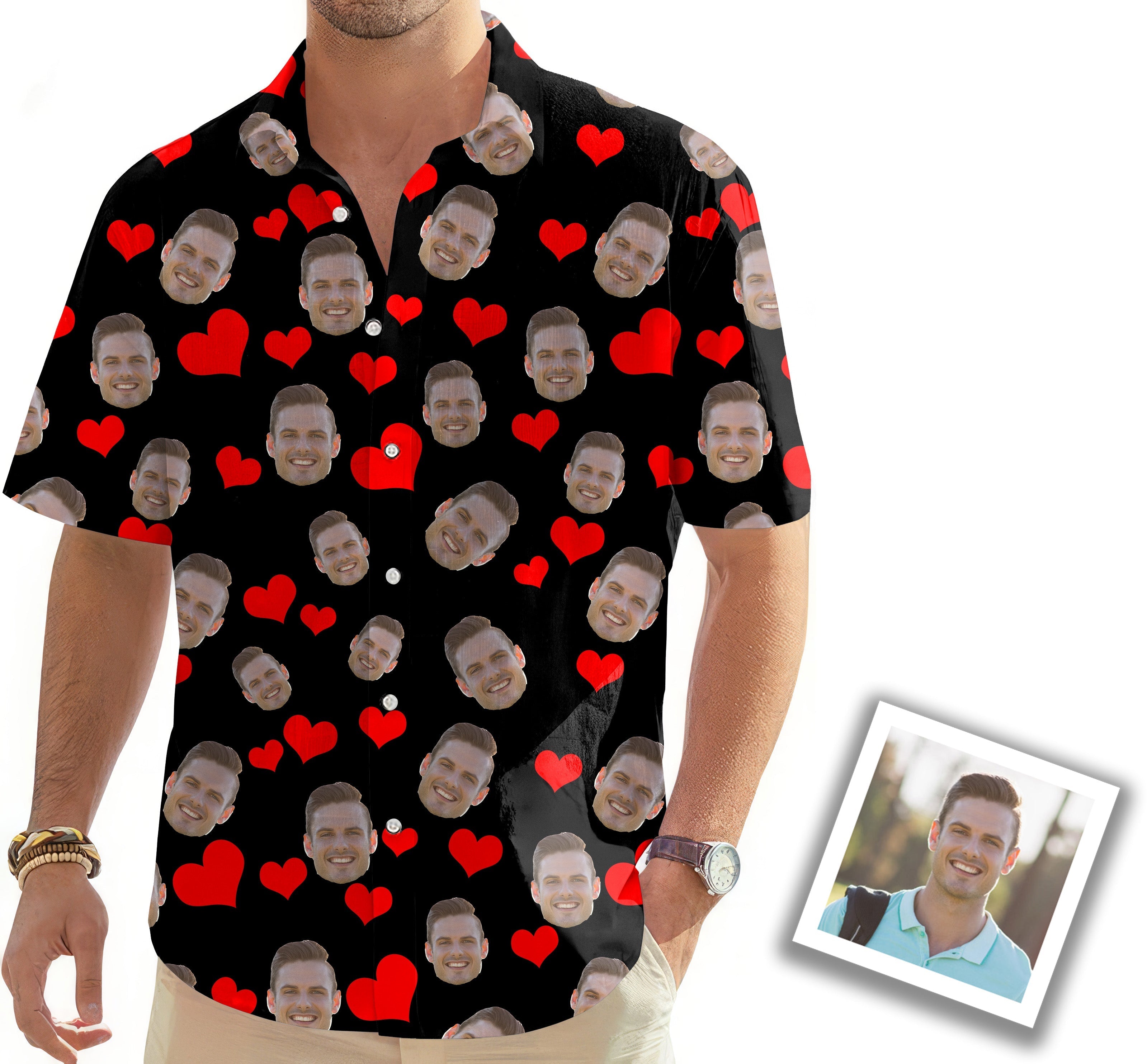 Custom red heart photo men's black Hawaiian shirt with smiling faces and red hearts pattern