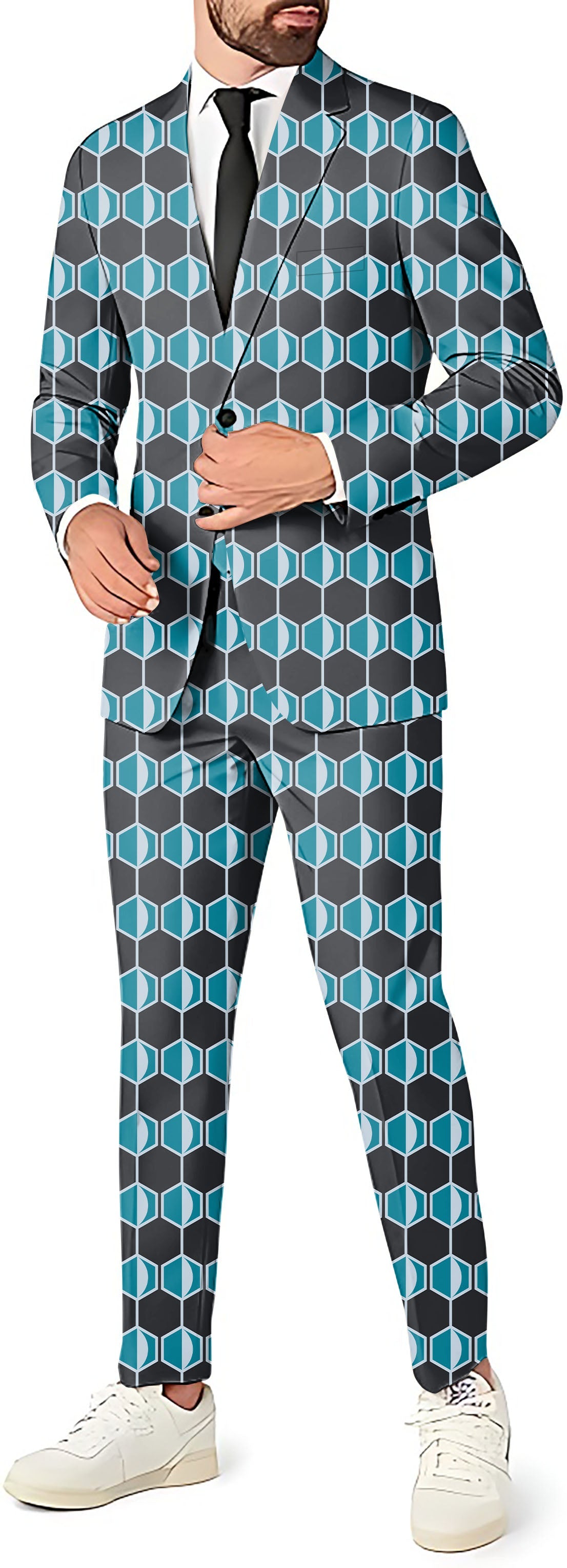 navy blue hexagon pattern men's party suit with blazer, pants, and vest