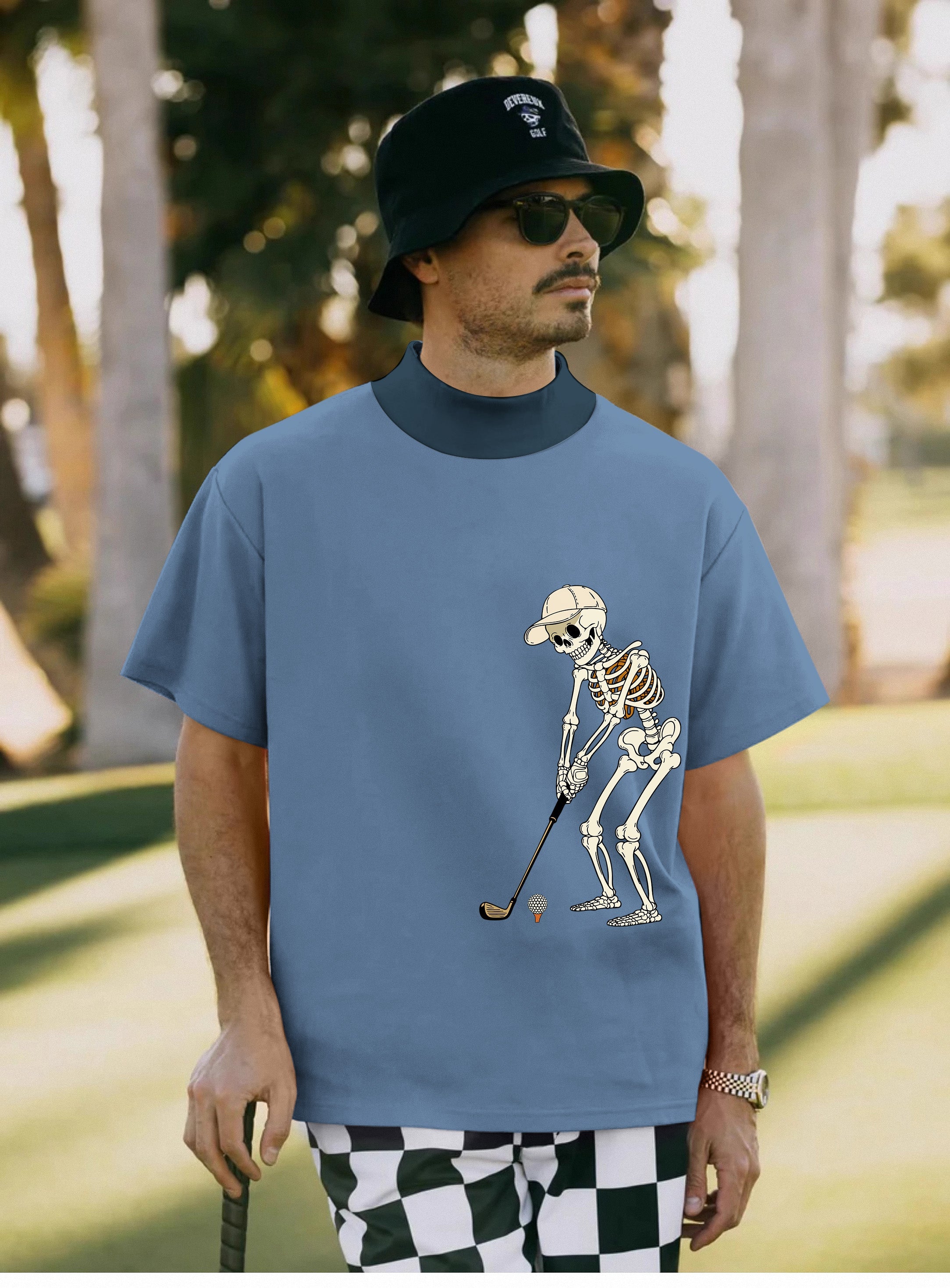 Men's white royal blue skeleton golf pullover with high neck and short sleeves