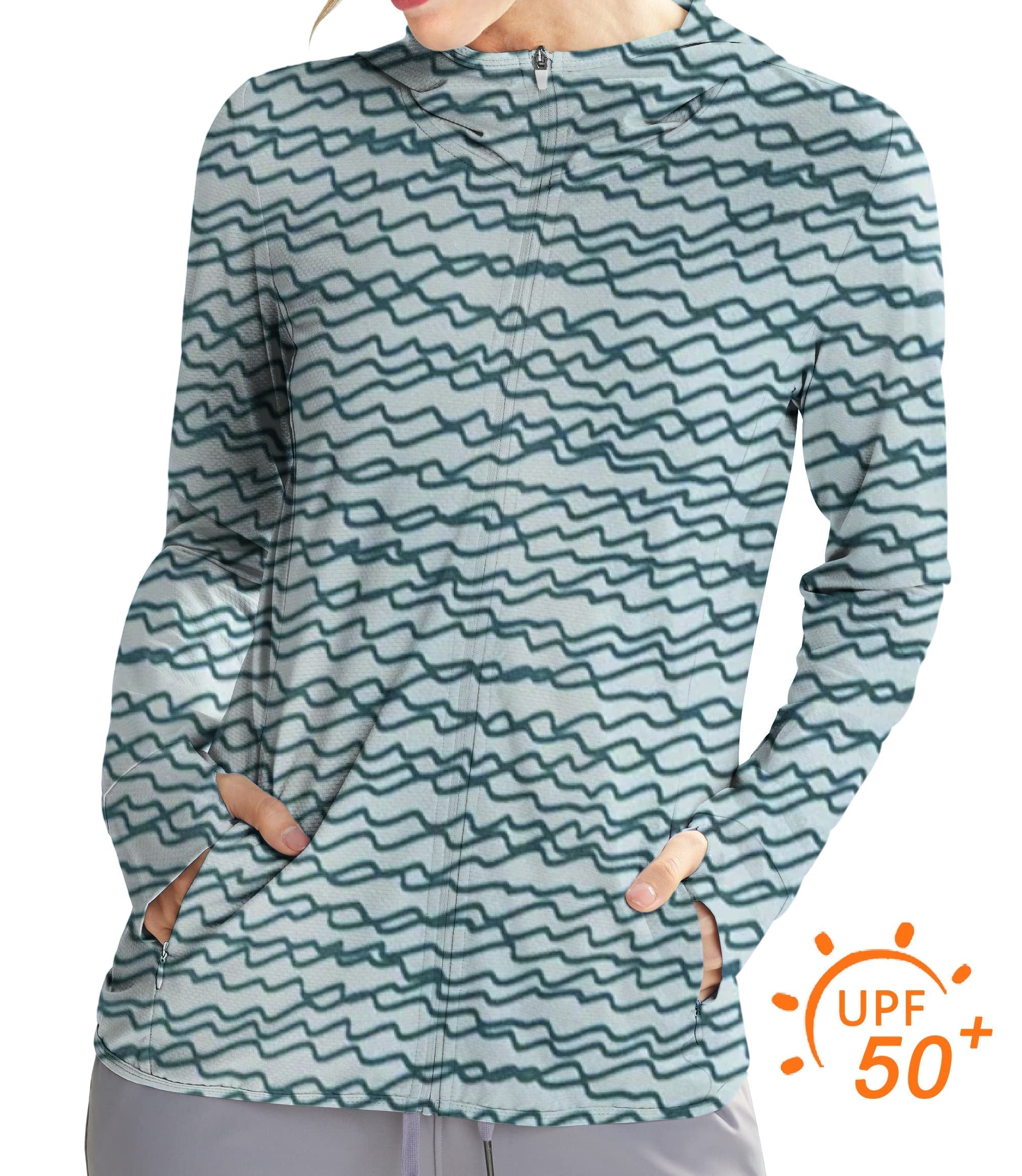 Women's outdoor green slim fit zip hoodie with irregular wavy line pattern and UPF 50+ sun protection