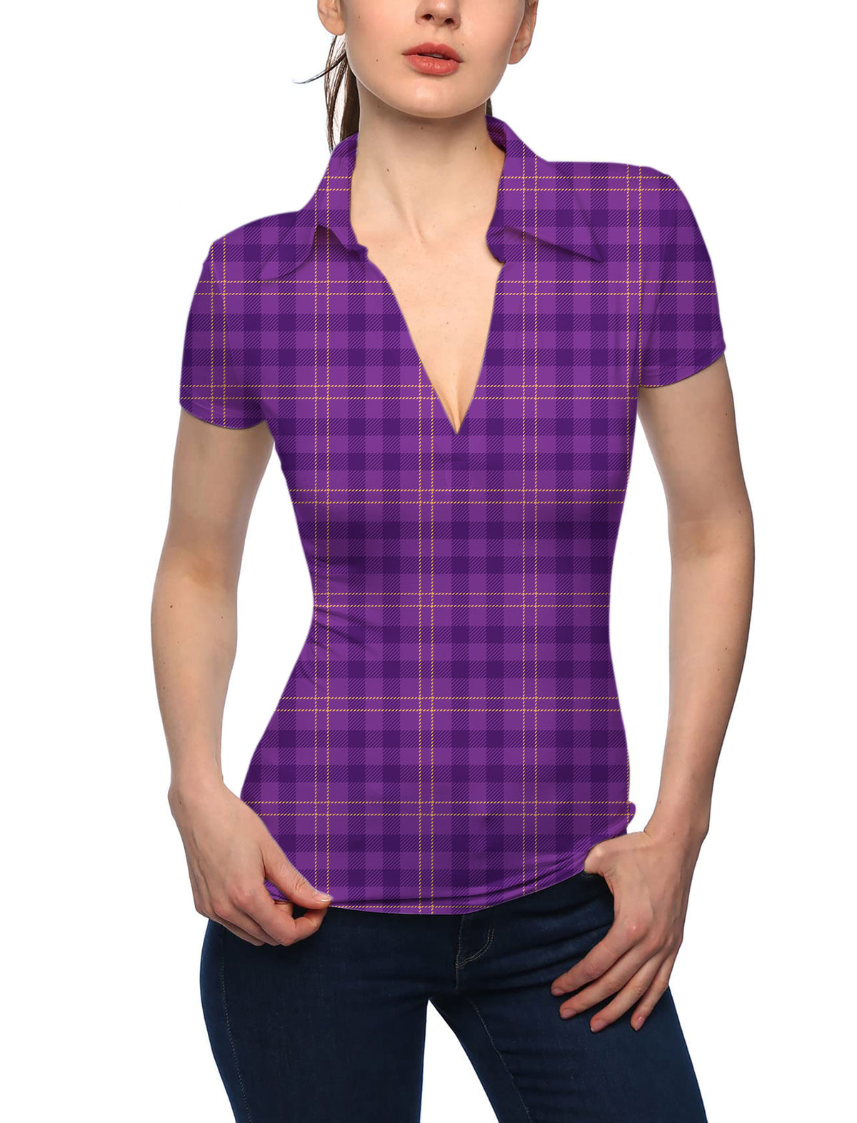 Women's Halloween purple plaid V Neck Golf Polo