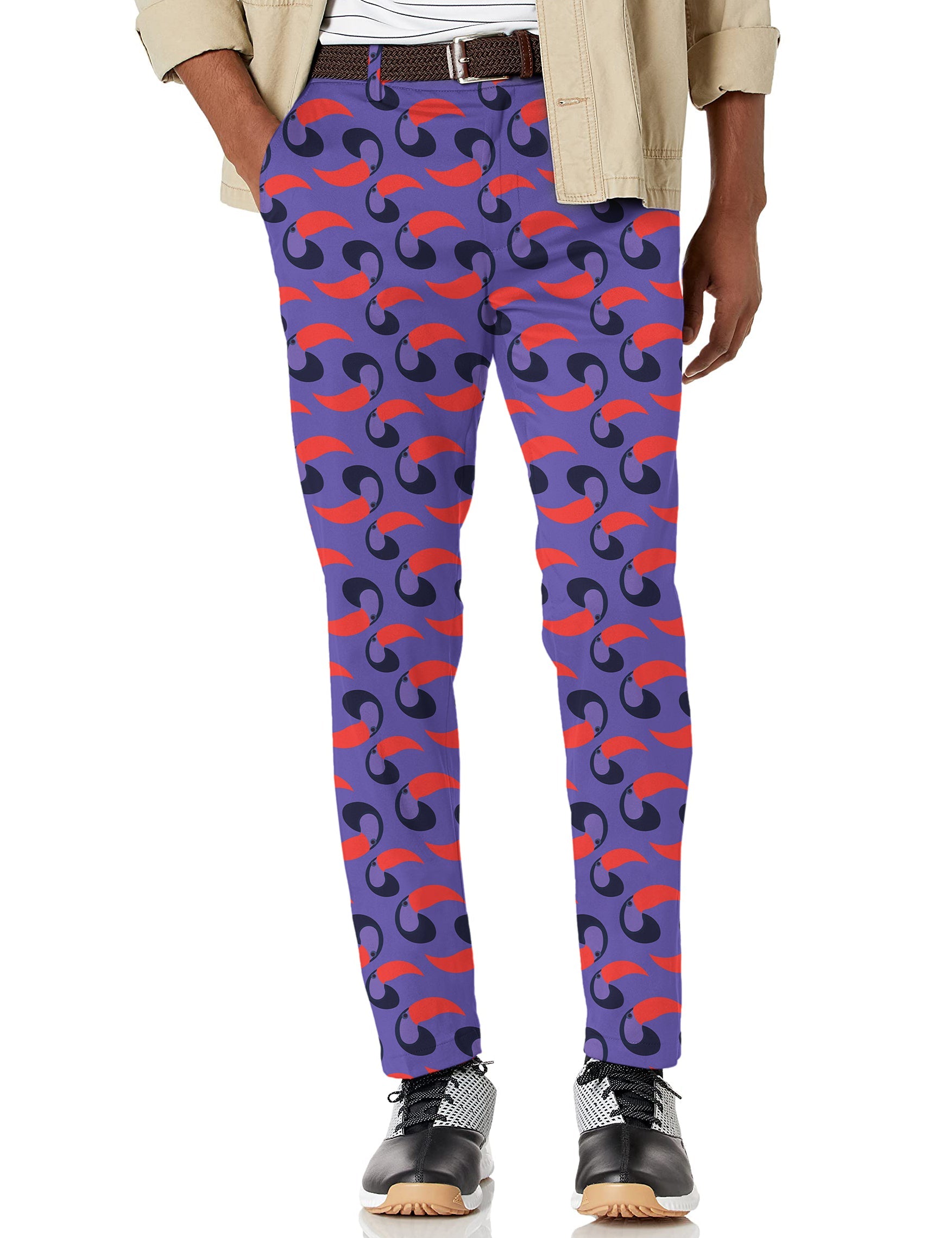 Men's purple stretch golf pants with moisture-wicking fabric and active waistband for comfort and performance