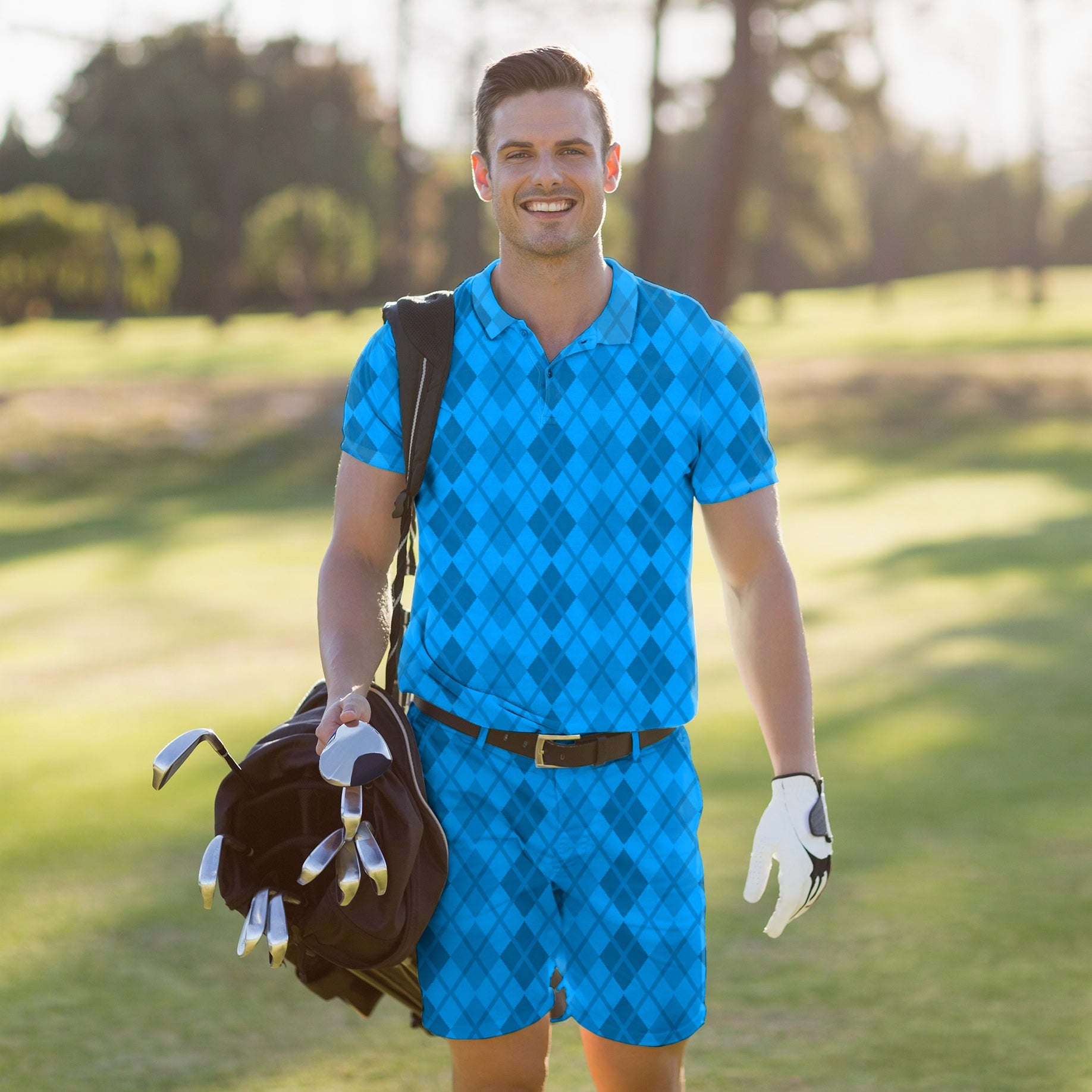 Men's golf set with argyle blue grid polo and shorts, stretch fabric, moisture-wicking, wrinkle-resistant, and UPF 40+ protection