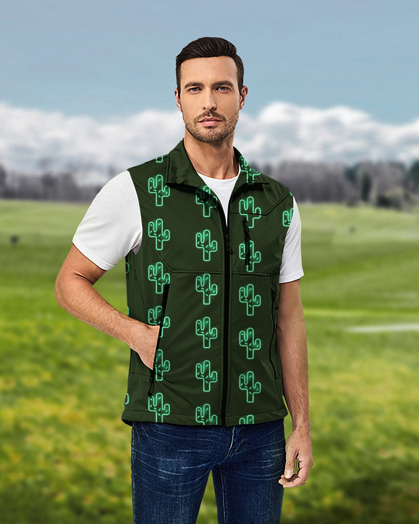Men's Crazy Cactus Lightweight Softshell Vest Sleeveless Jacket for Golf Windproof Waterproof