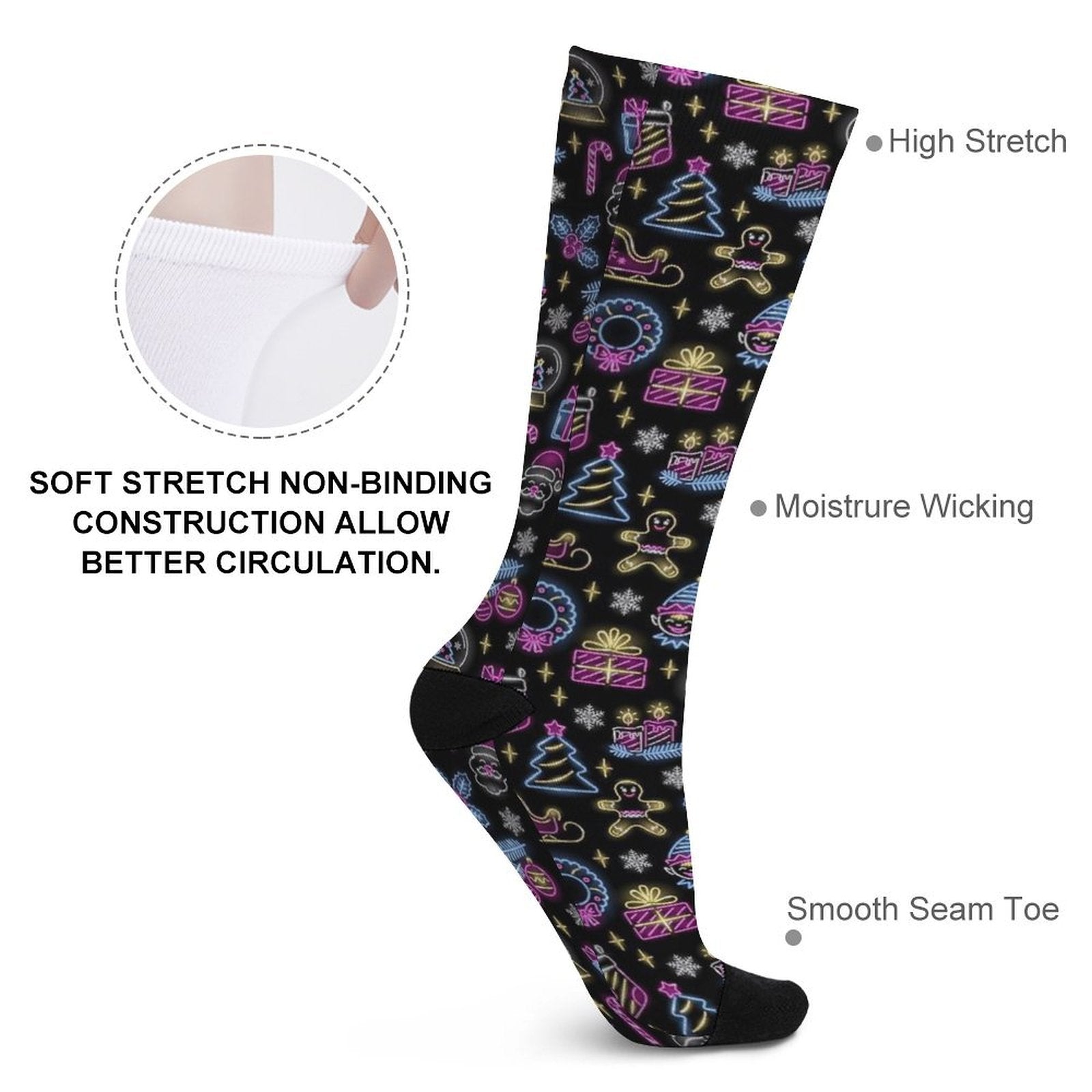 Season neon printed Christmas socks with soft stretch fabric, moisture wicking, and smooth seam toe for men and women gift idea