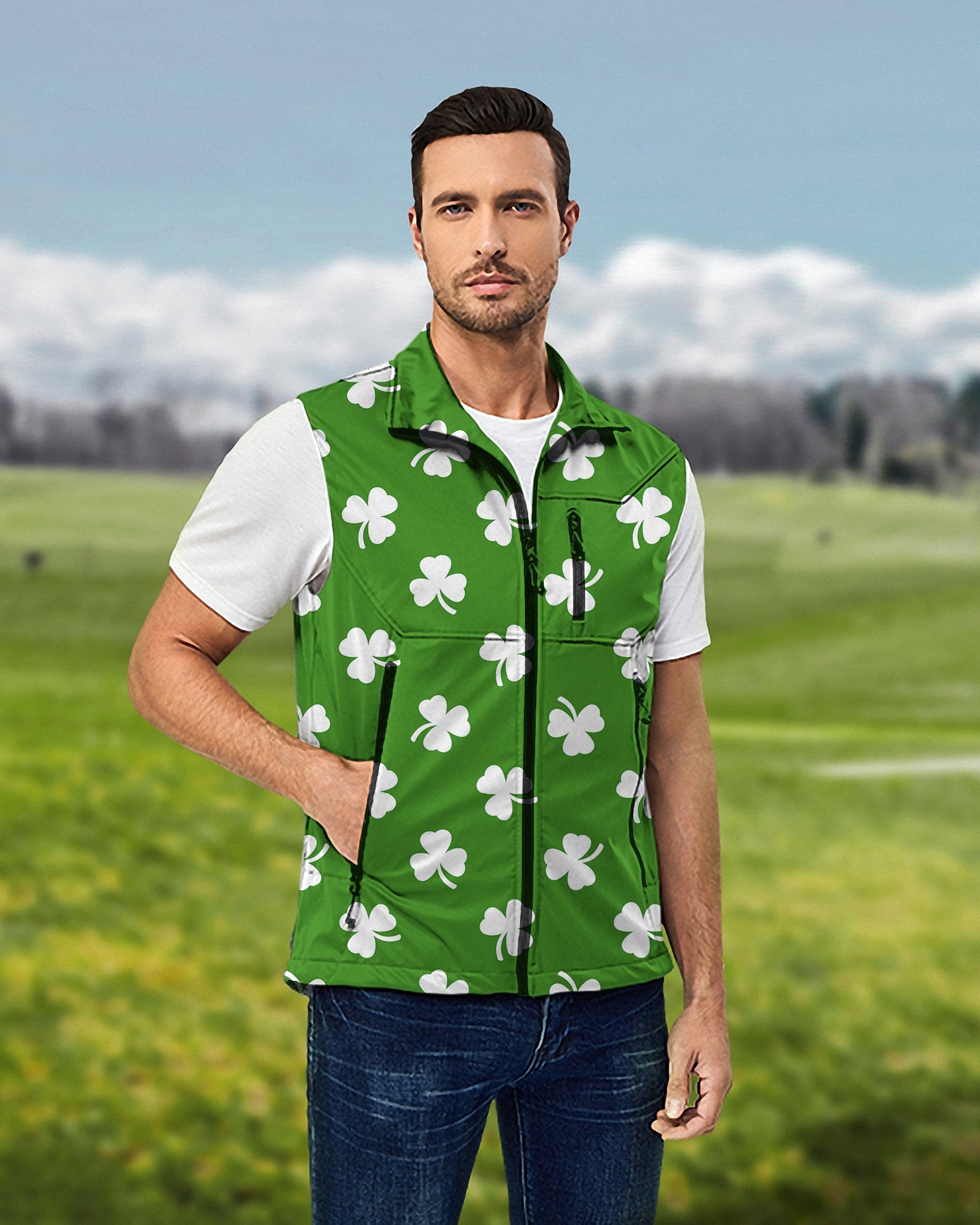 Men's leaf clover green lightweight waterproof sleeveless golf vest with shamrock pattern