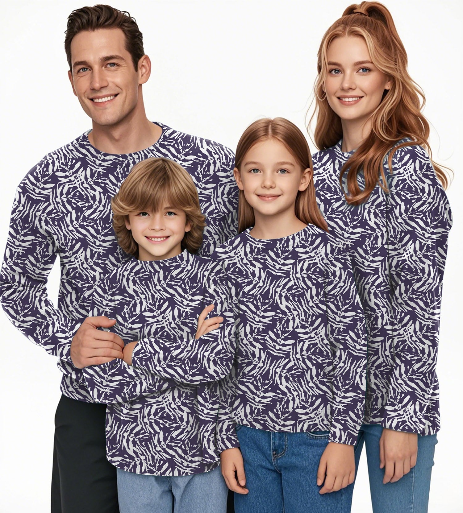 family wearing matching abstract navy crewneck pullover sweaters