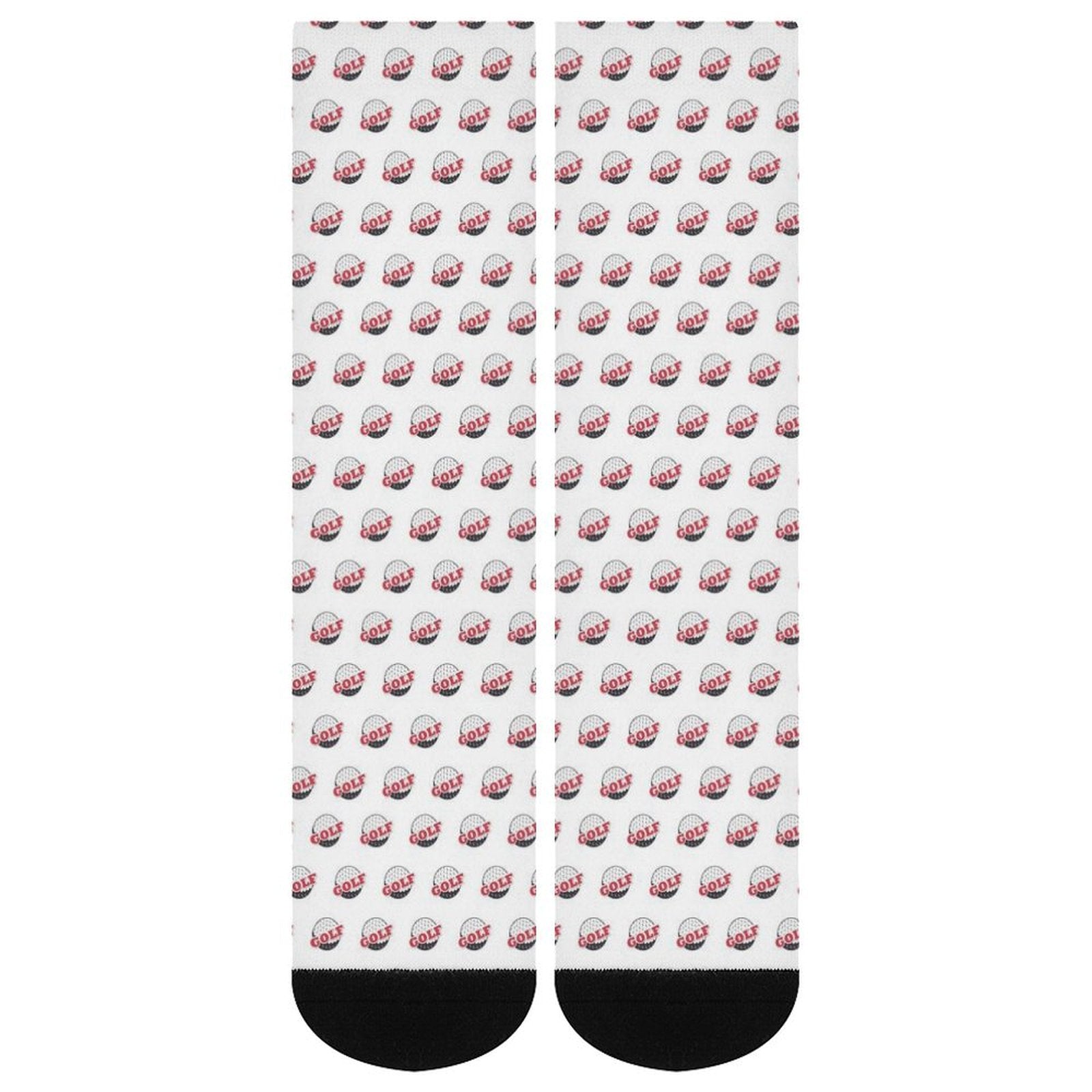 White crew socks with repeated red and black golf ball print, cushioned sole for comfort, made of polyester and spandex, suitable as gifts for men and women.