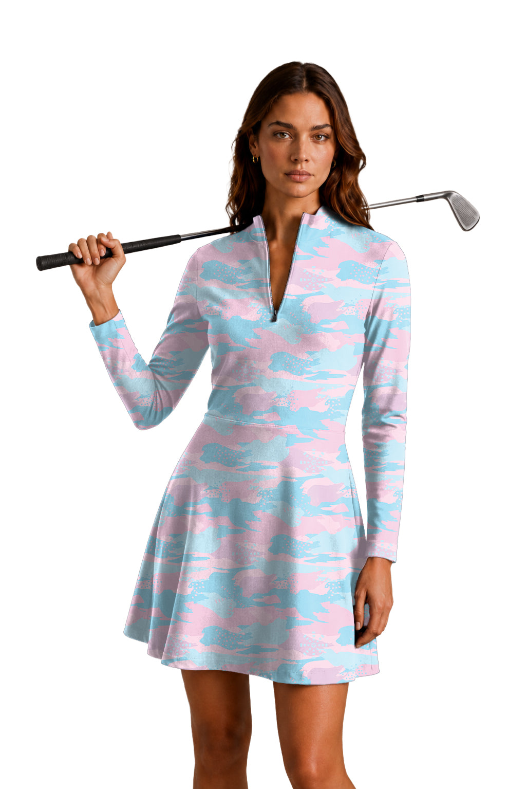 Pastel Camo Women's Golf Long Sleeve Zipper Dresses Comes with separate matching shorts
