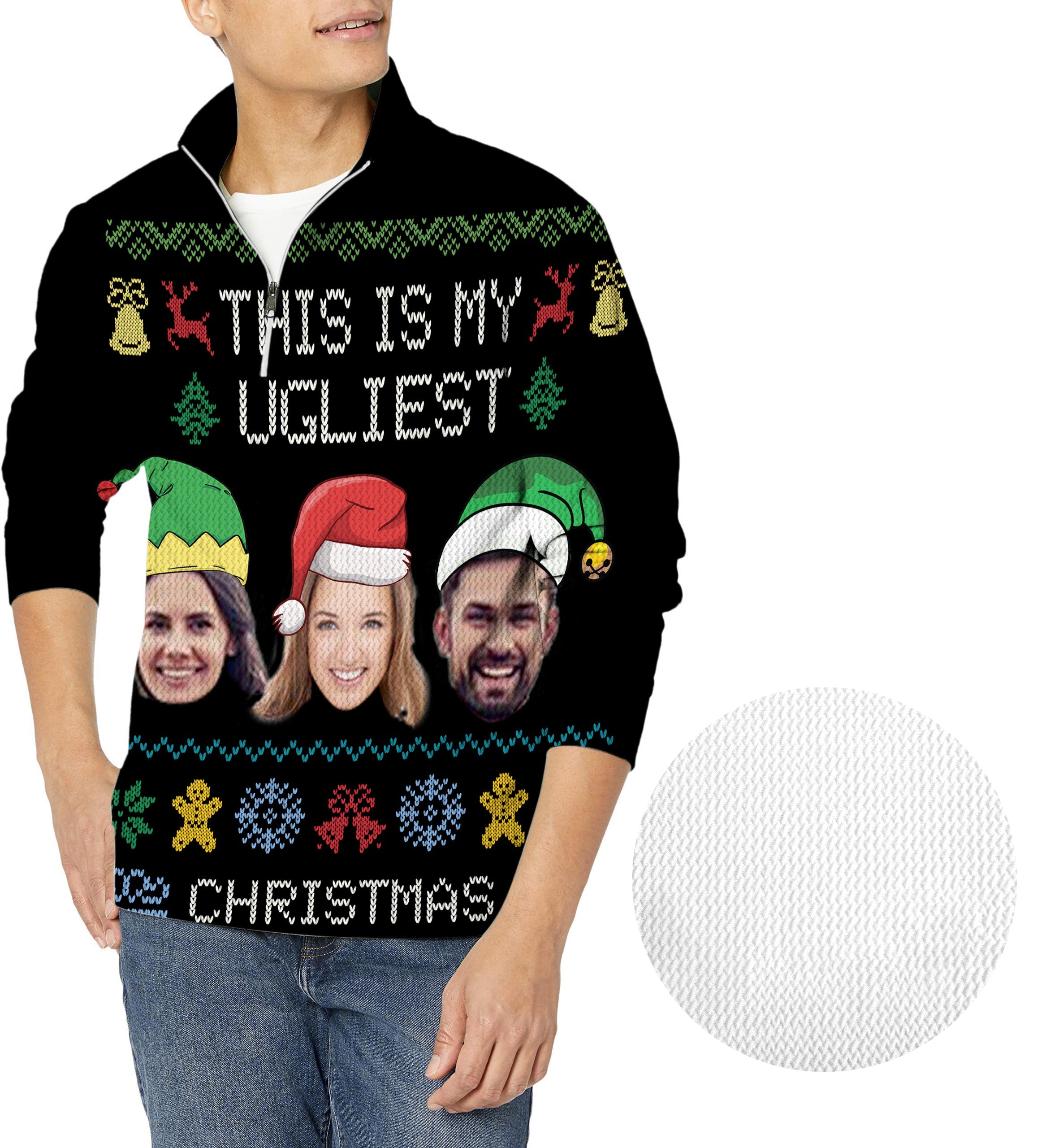 Black-Christmas custom face men's golf waffle zipper pullover with holiday design and personalized photo print