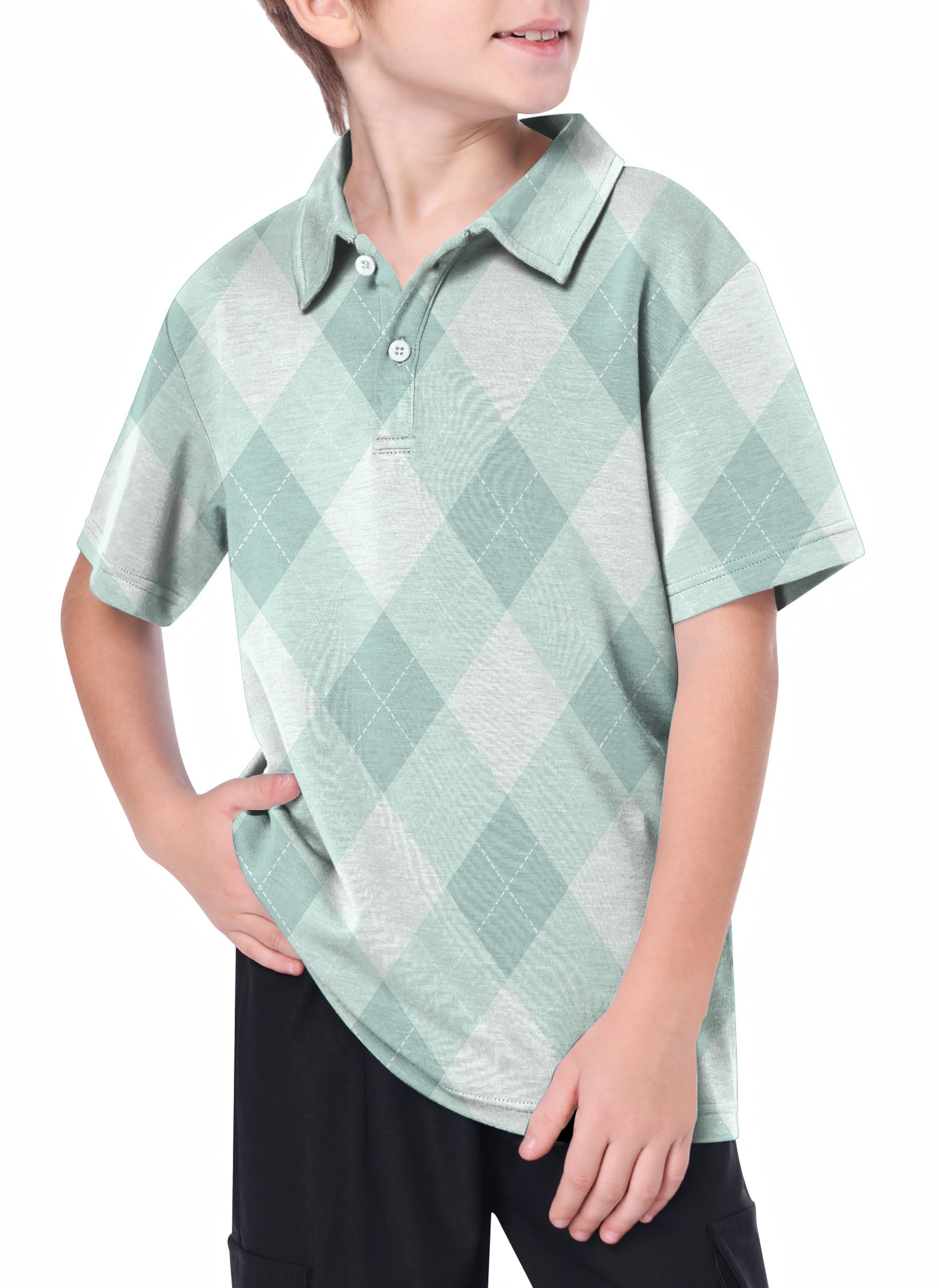 Youth Green Argyle golf polo shirt for youth with 4-way stretch and moisture-wicking fabric