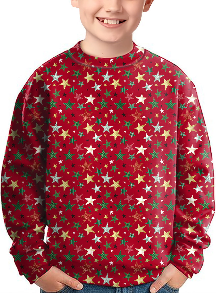 Kids wearing colorful stars Christmas crewneck pullover ugly sweater