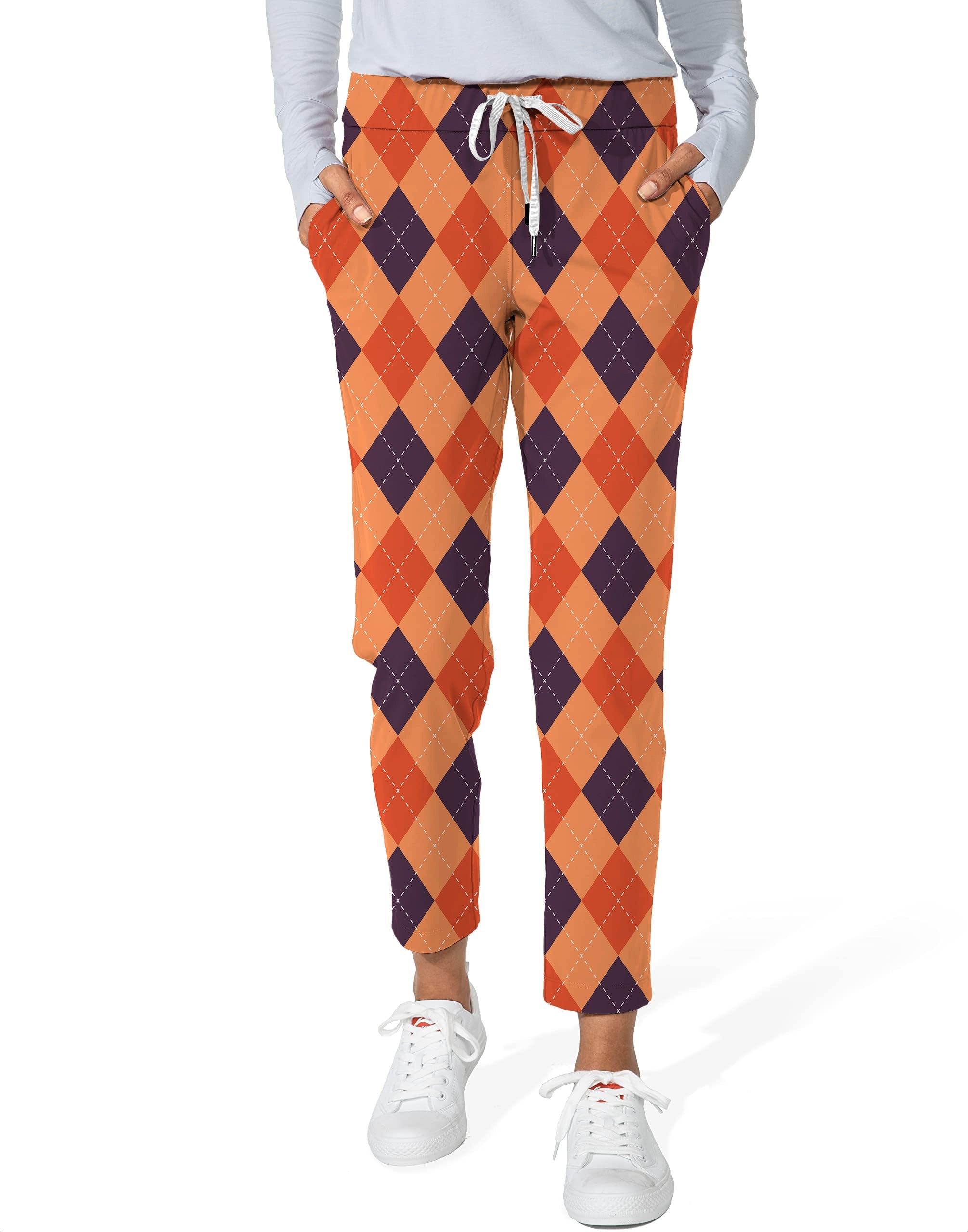 Women’s Halloween black red orange argyle 7/8 stretch ankle golf pants with drawstring waist