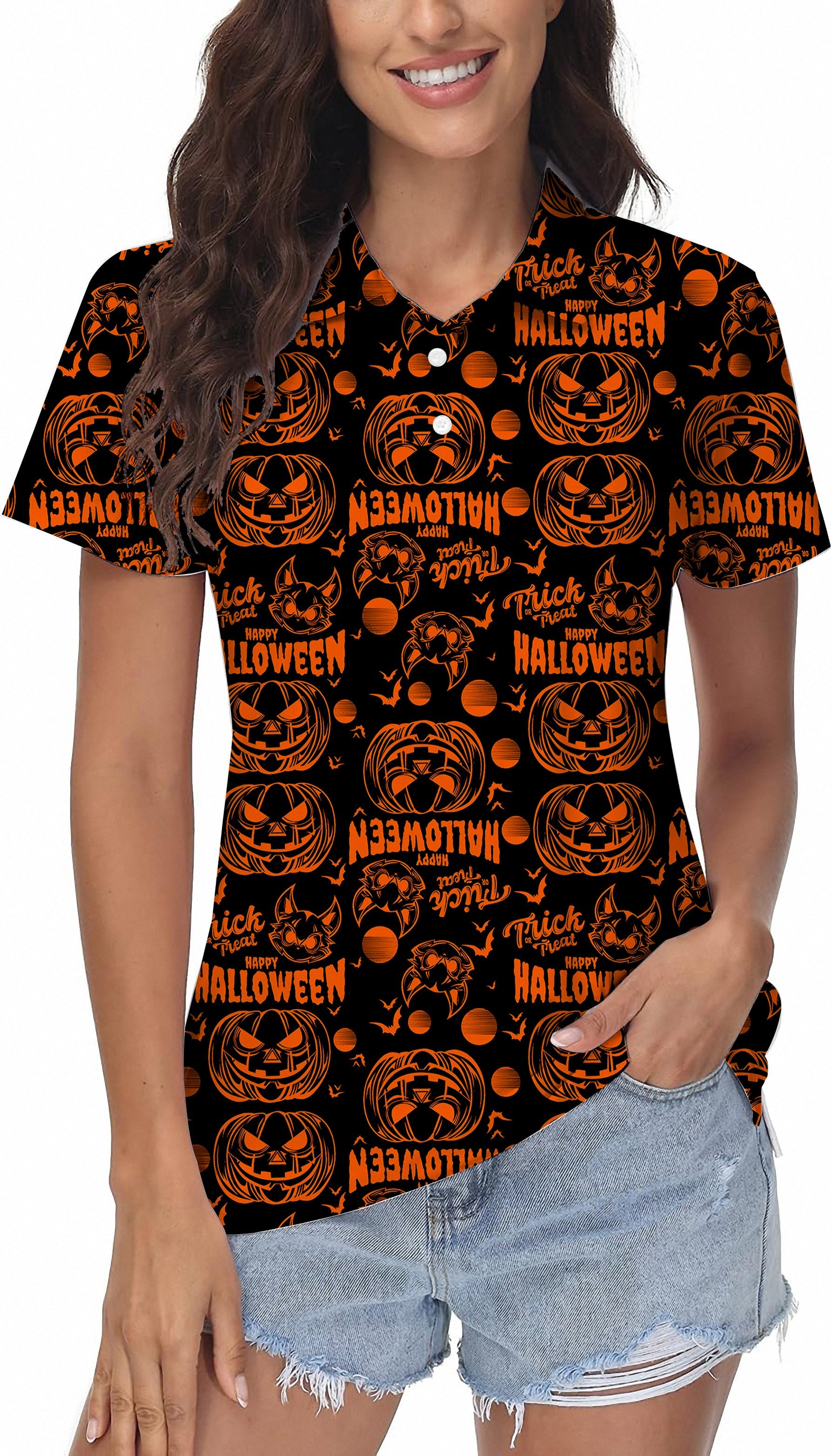 Happy Halloween Pumpkin women's golf polo with orange pumpkin design and moisture-wicking fabric
