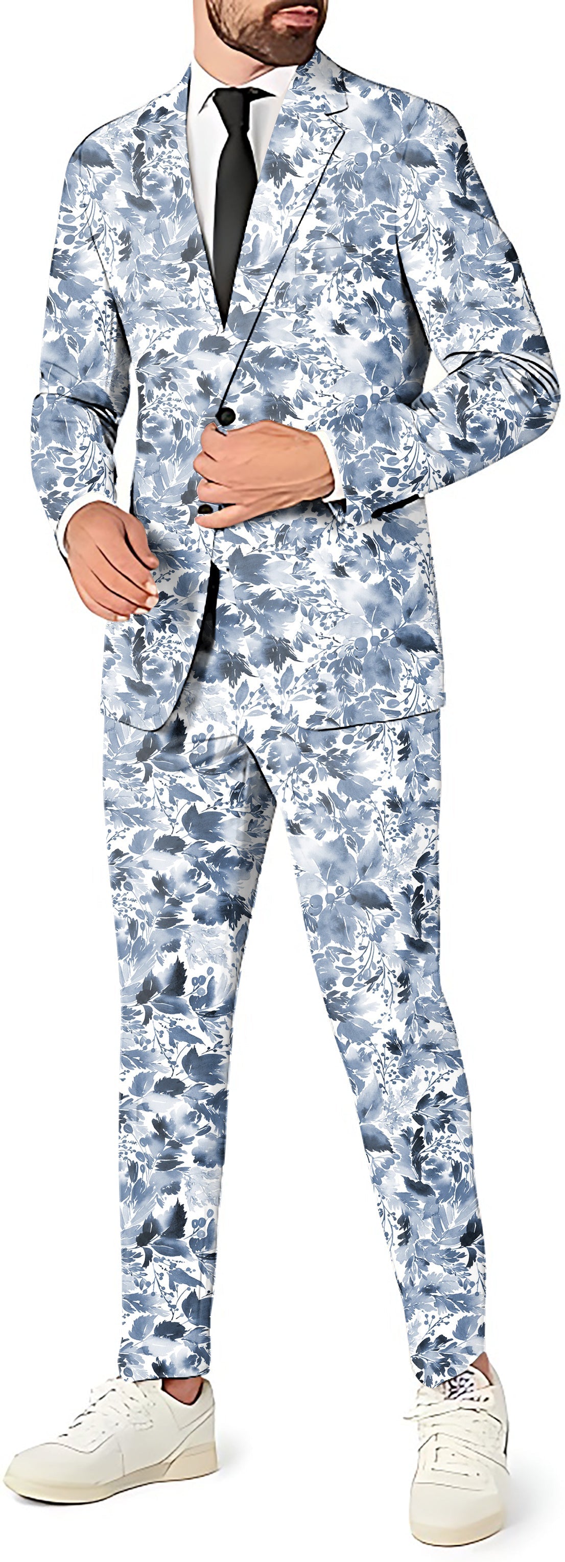 BLUE LEAVES men's party suit set with blazer, pants and vest in blue floral pattern