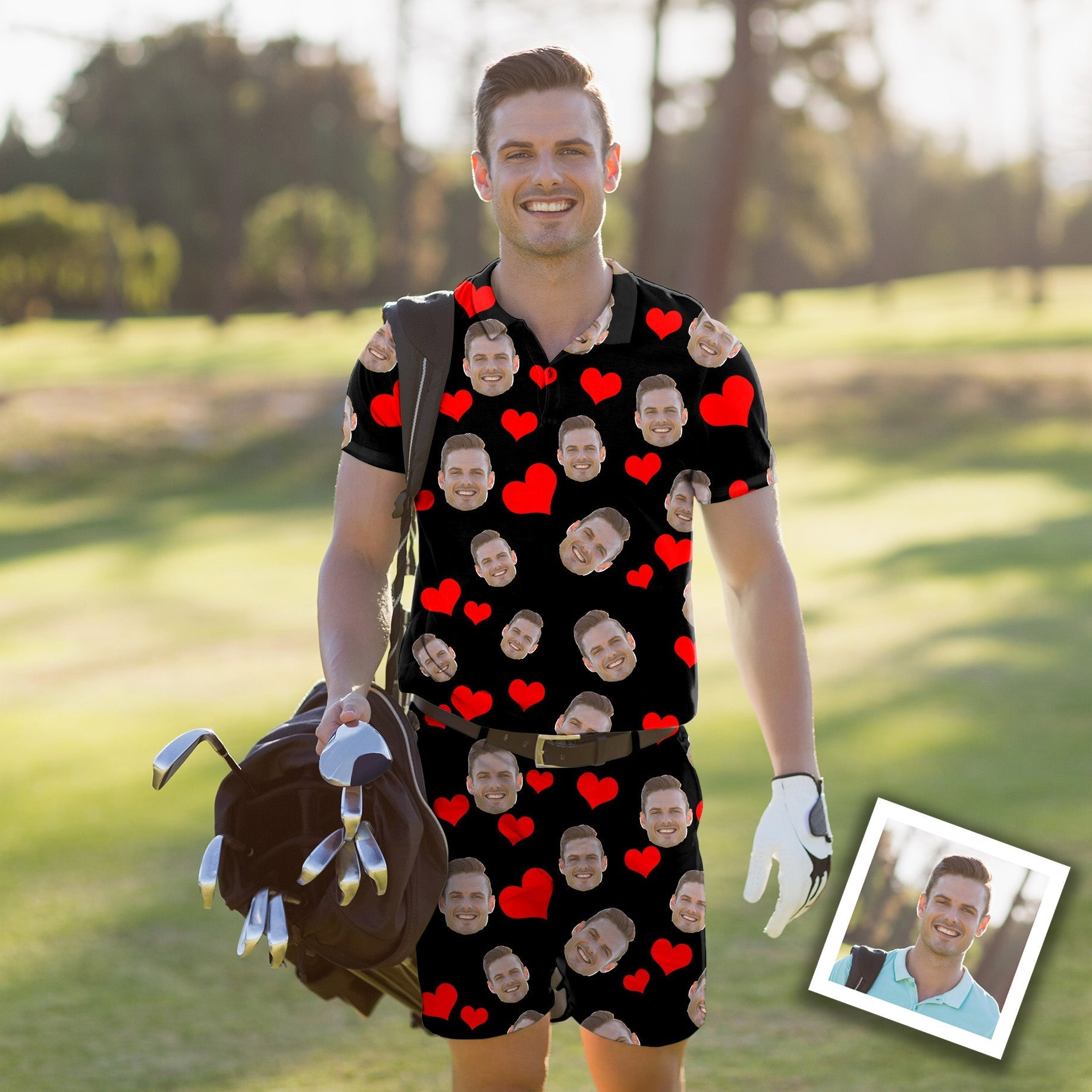 Men's golf set with custom red heart and funny face photo polo and shorts on golf course