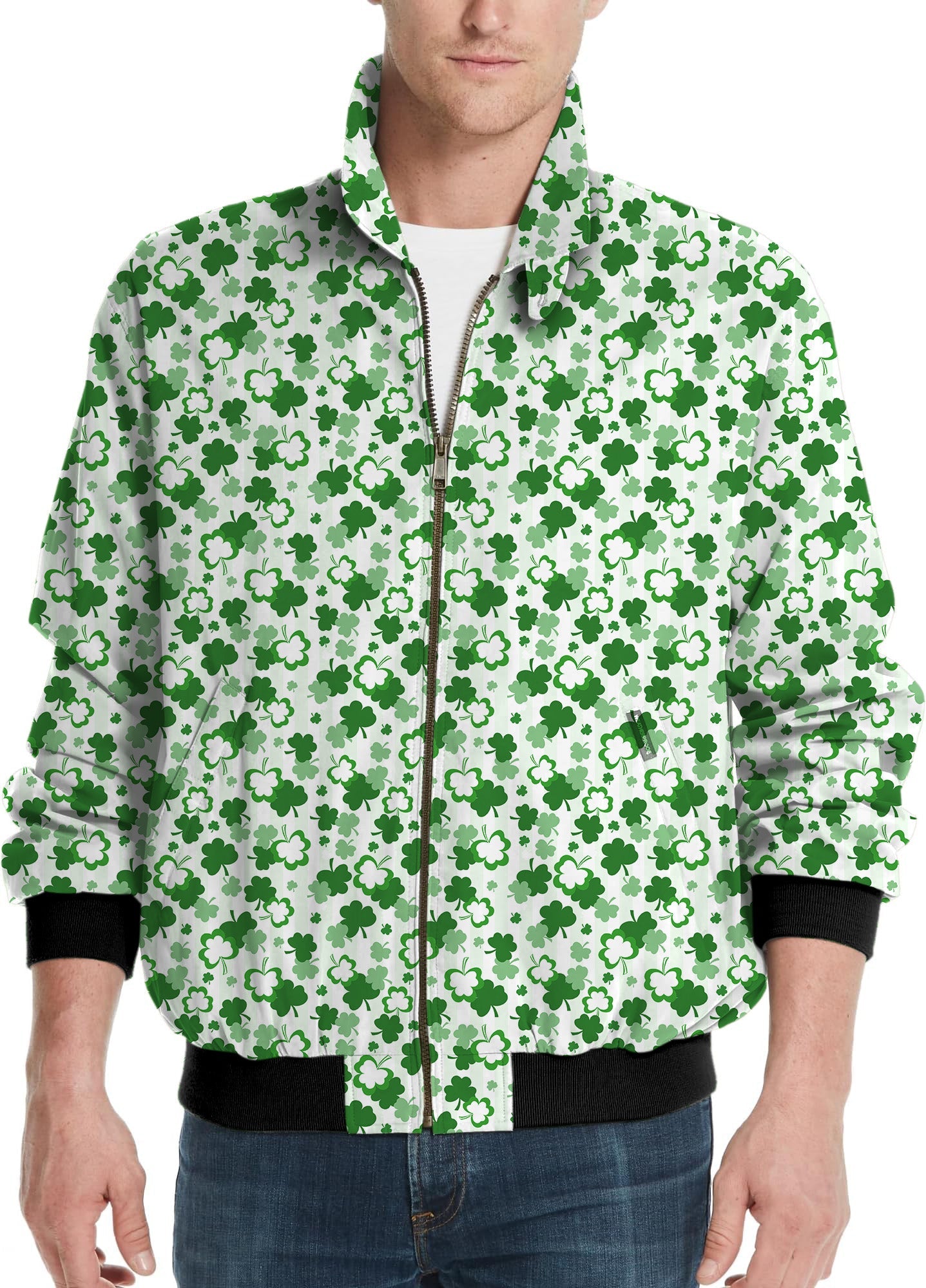 Men's golf windbreaker jacket with green leaf clover St Patrick's Day pattern