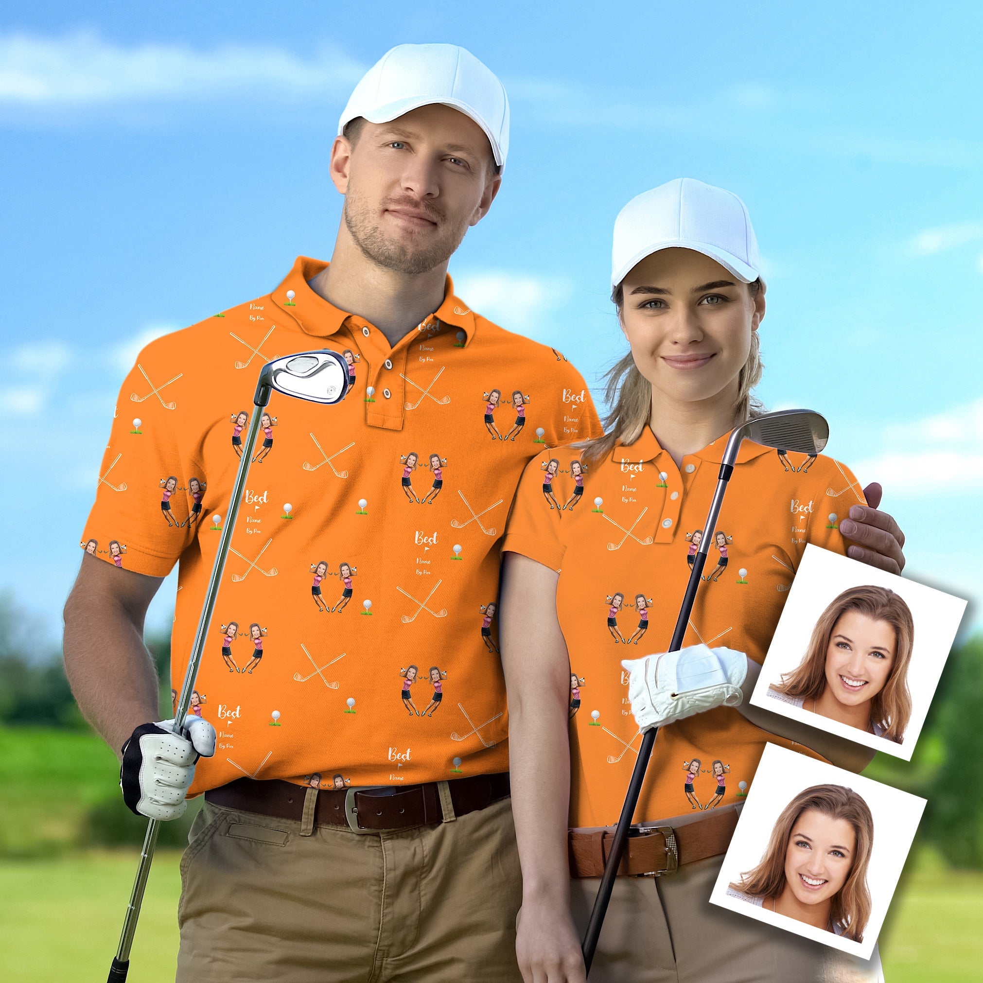 Couple custom sister photo golf shirts with personalized face and name design tournament trophy theme