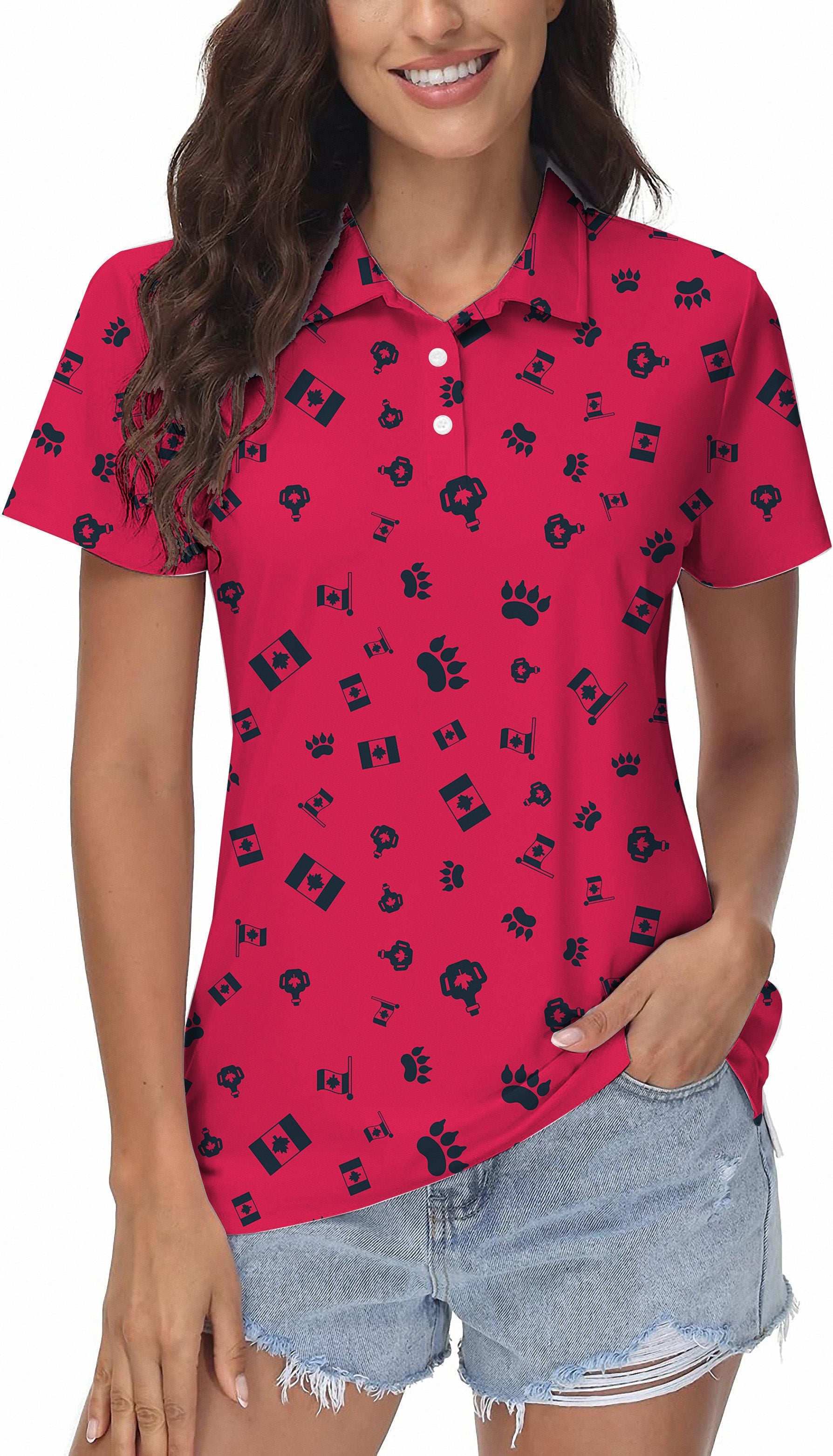 Women's Canadian Flag Paw golf polo shirt with four-way stretch and moisture-wicking fabric
