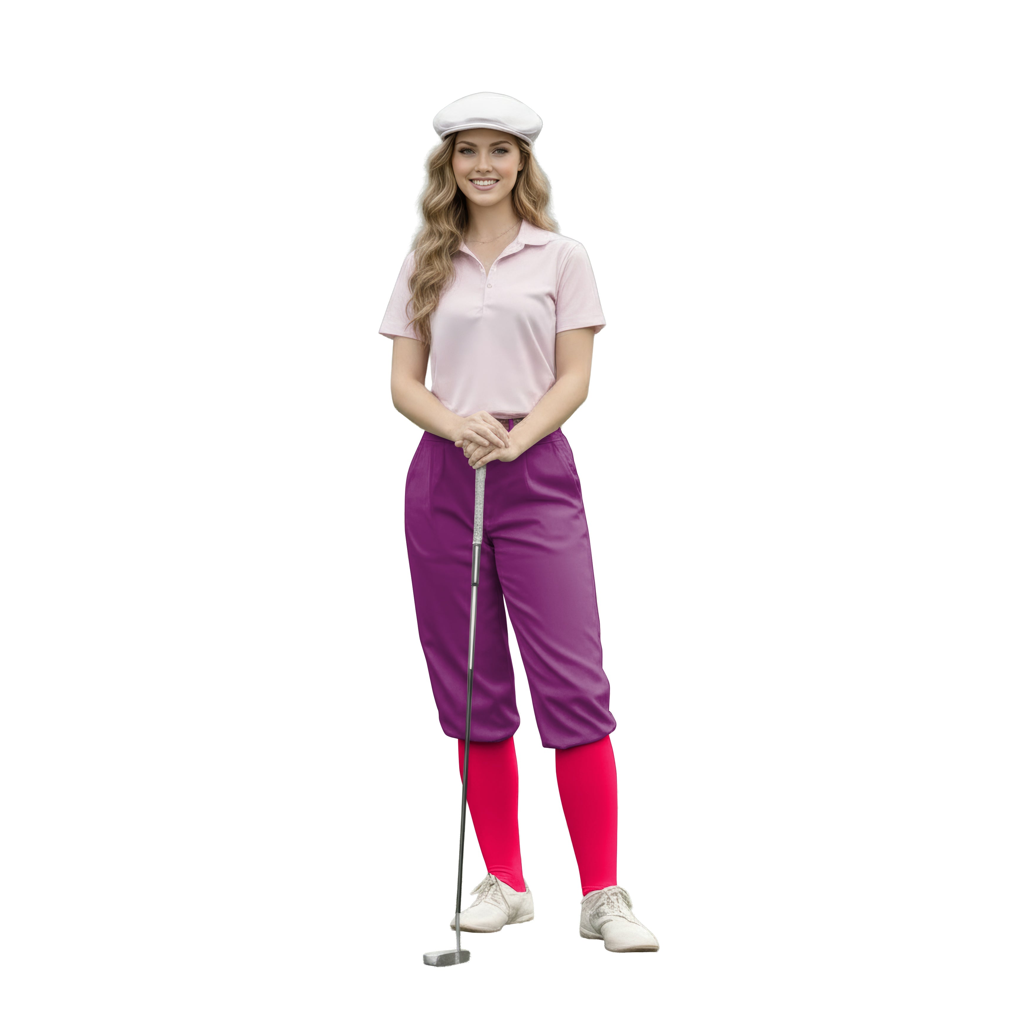 woman wearing pure berry womens golf knickers with pink polo shirt and red knee-high socks holding golf club