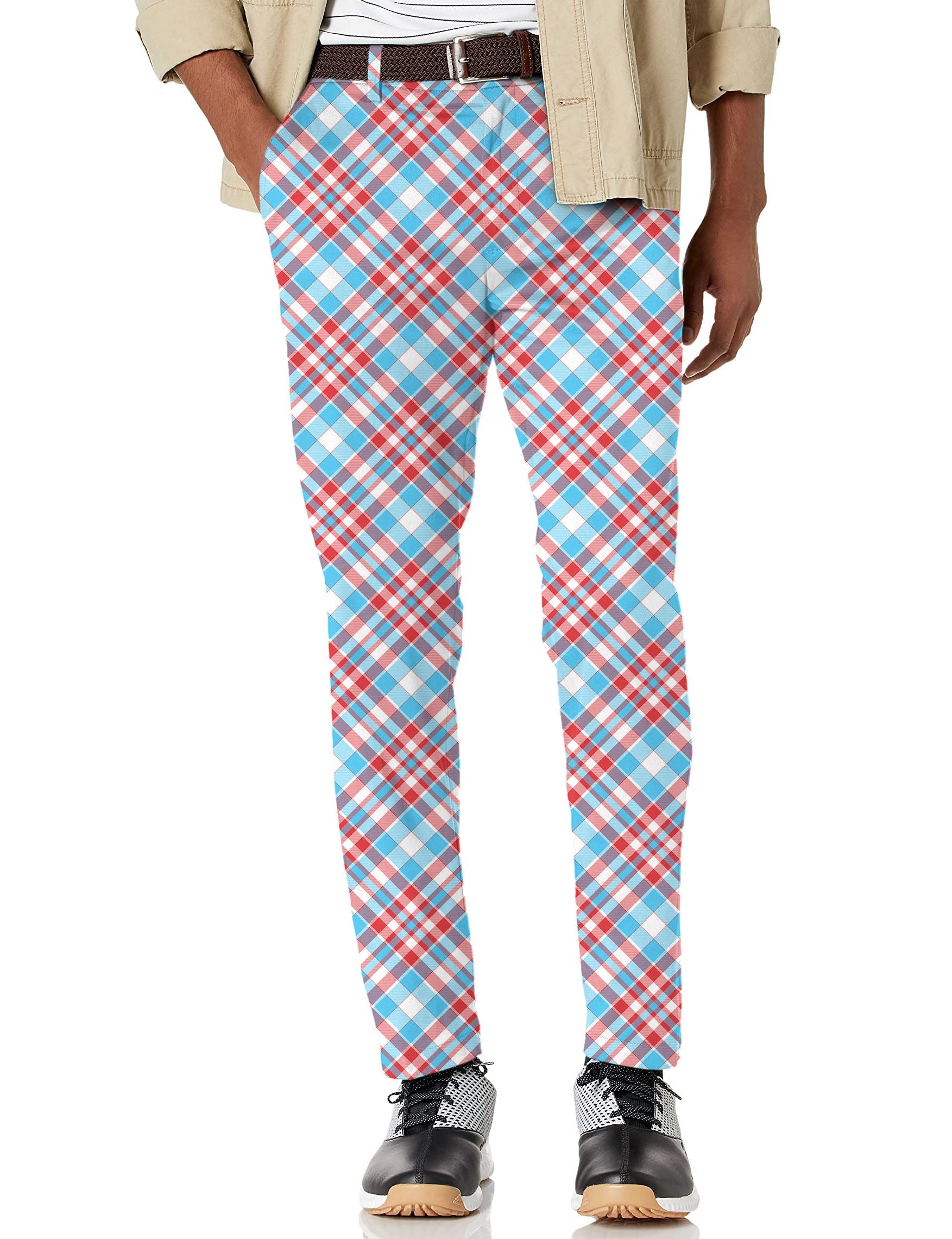 Men's Argyle red and blue stretch golf pants with moisture-wicking fabric and classic pockets