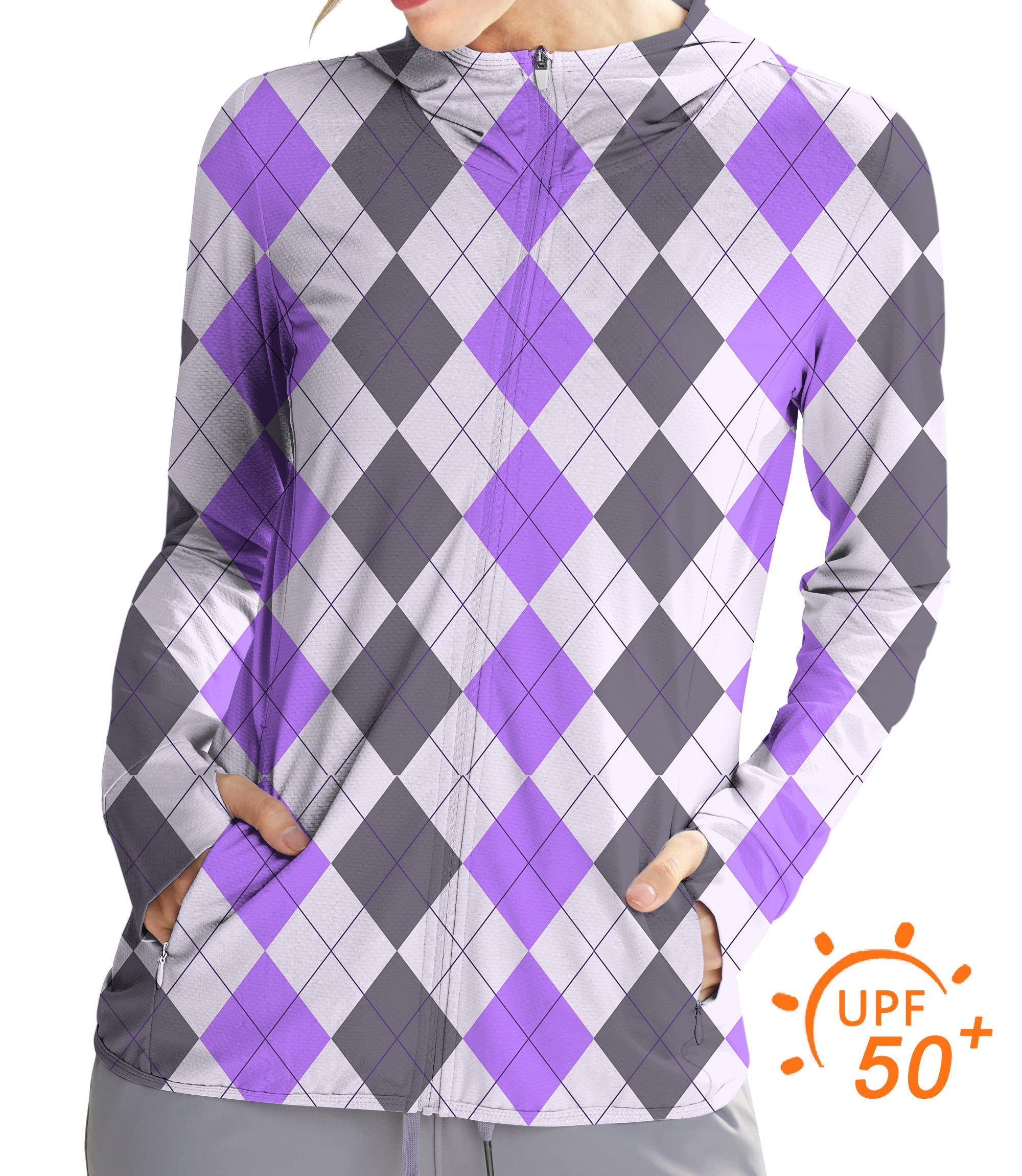 Women's outdoor purple grey argyle zip hoodie with UPF 50+ sun protection and slim fit for golf and other activities