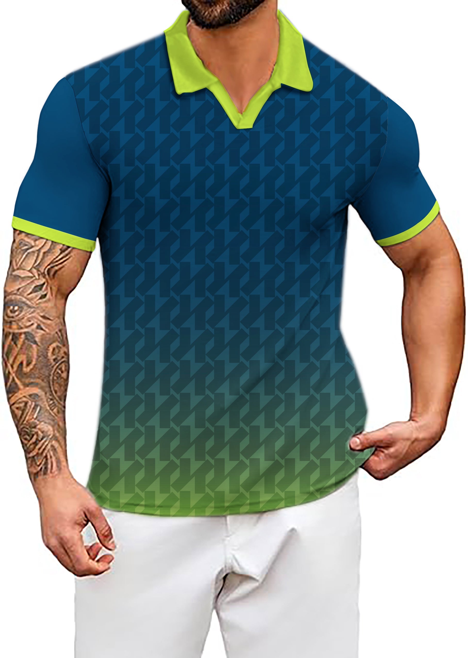 Men's Coconut Palm green gradient V-neck sport golf polo shirt with moisture-wicking fabric and UPF 40+ protection