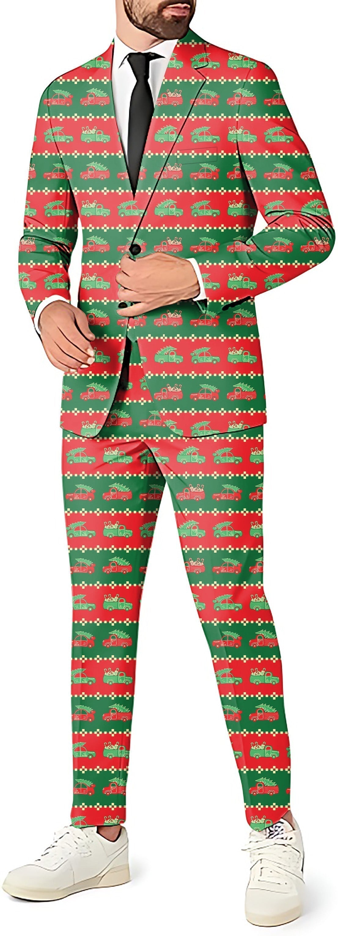 Truck Christmas men's party suit set with blazer, pants, and vest in festive red and green pattern