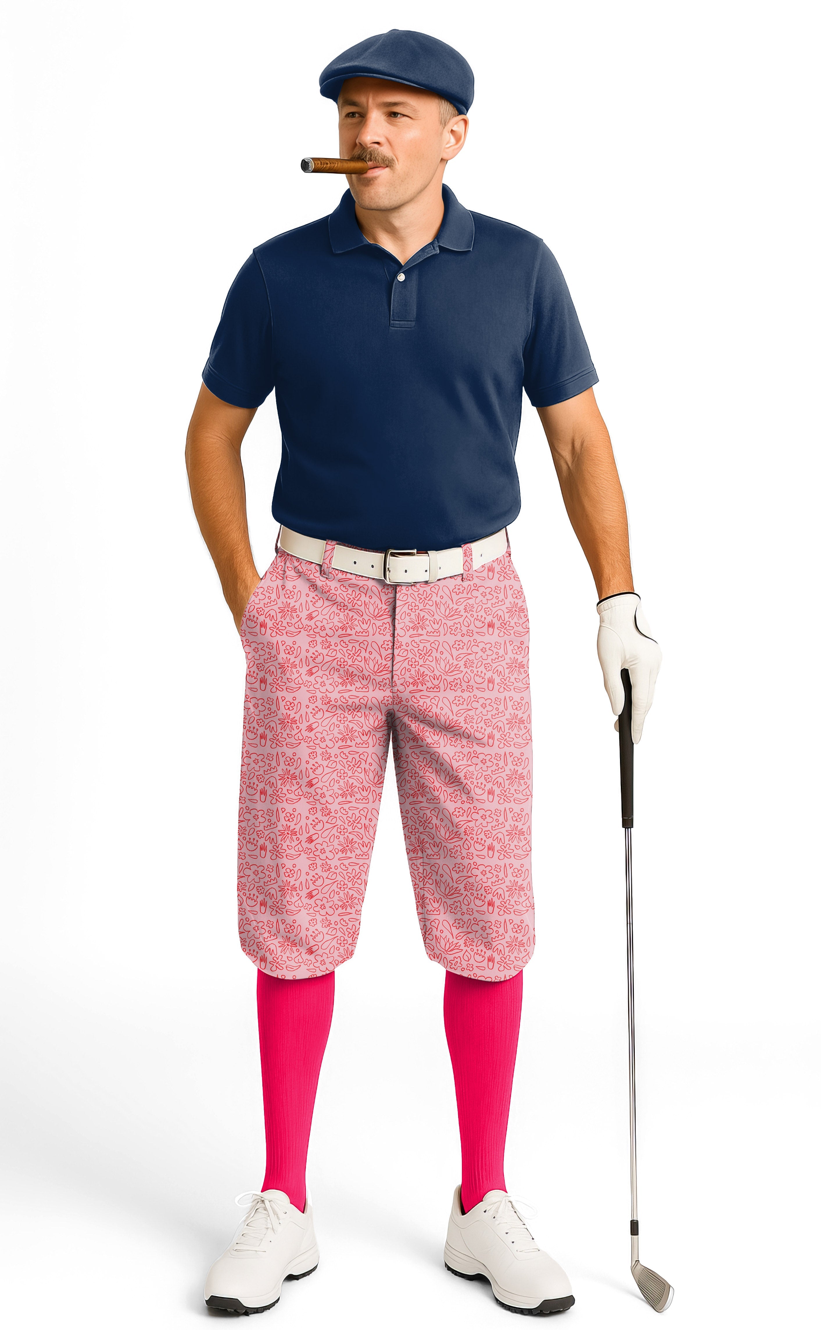 Men's golf knickers pants with simple pink flower drawing, soft breathable fabric, snug ankle cuffs, and adjustable velcro design.