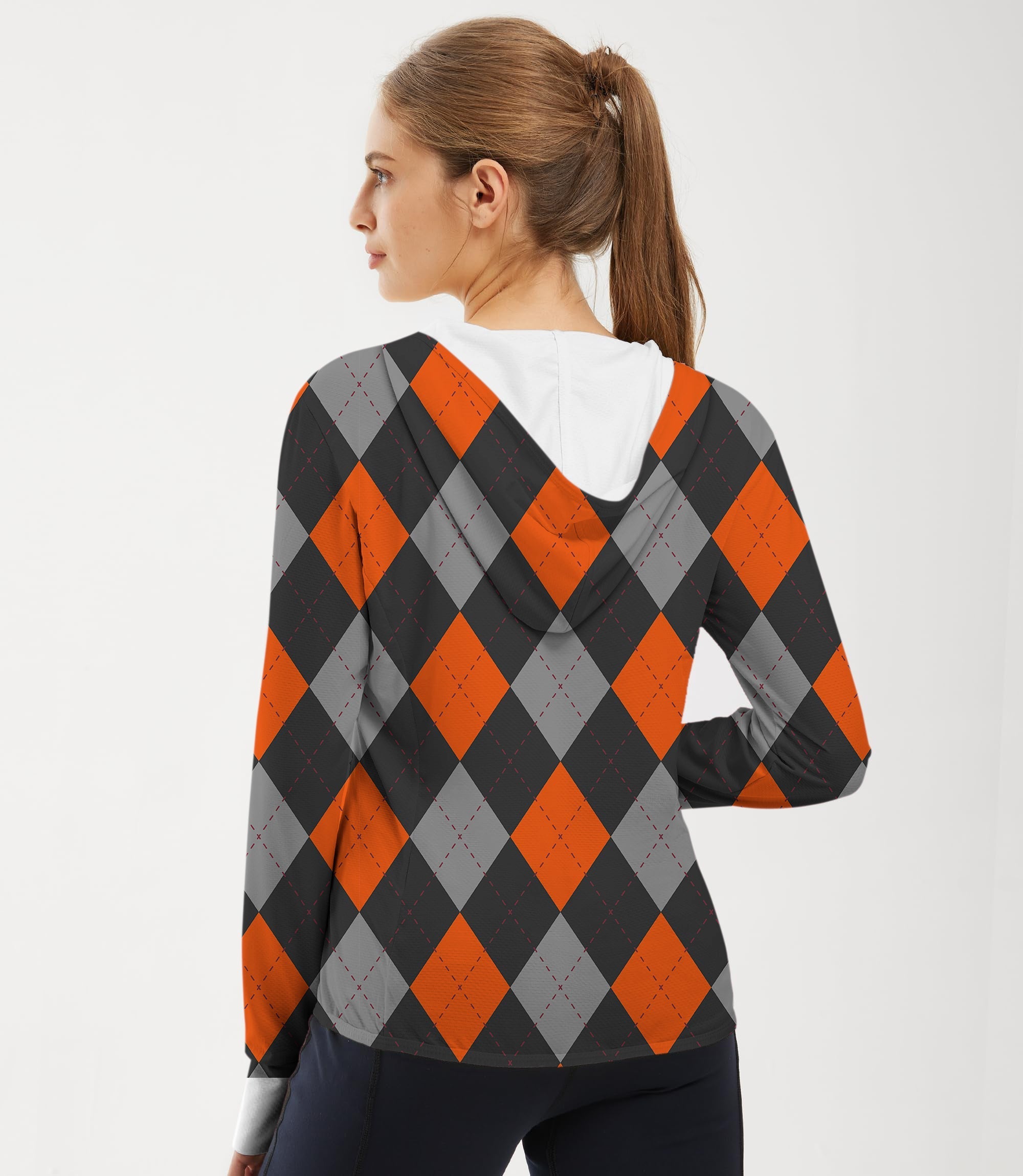 Women's outdoor Halloween black red argyle slim fit zip hoodie with sun protection and breathable fabric