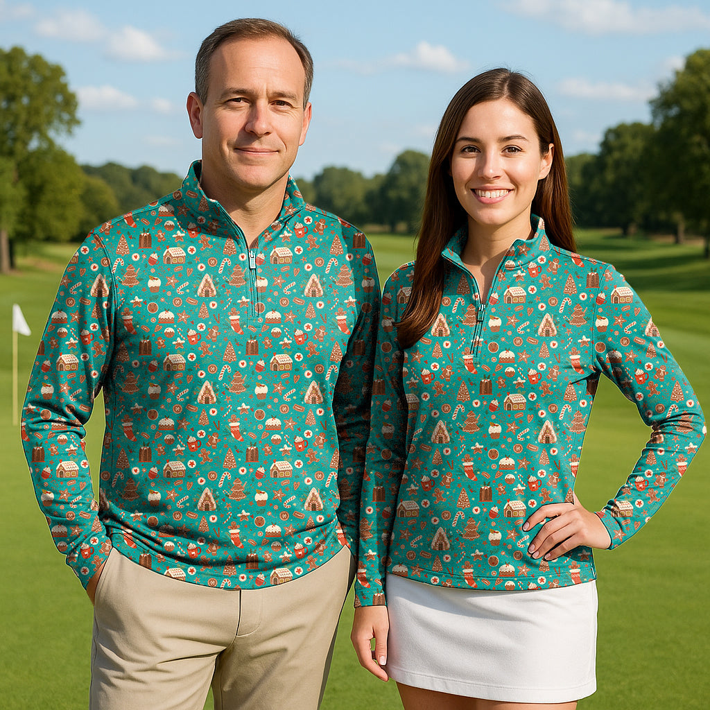 Couple wearing green Christmas Candy House print 3/4 zip active long sleeve tops on golf course