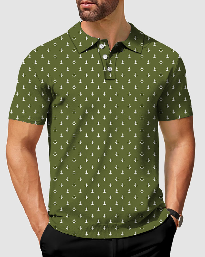 Men's dark green anchor polo shirt with custom monogram options, four-way stretch, moisture-wicking fabric, wrinkle resistance, UPF 40+ protection, and classic fit for business casual wear.
