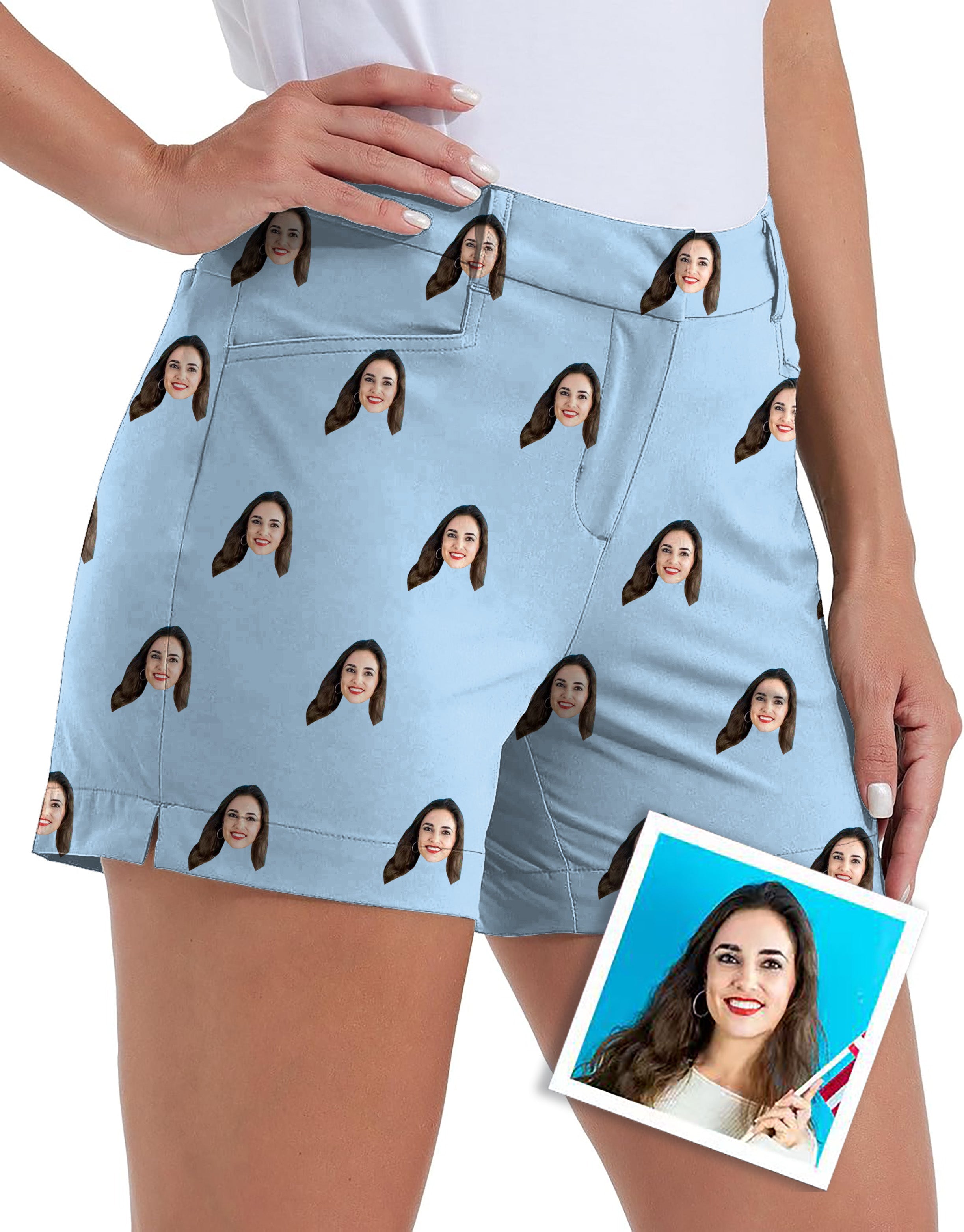 Women's quick-drying golf shorts with custom photo funny face print, waterproof and casual with pockets