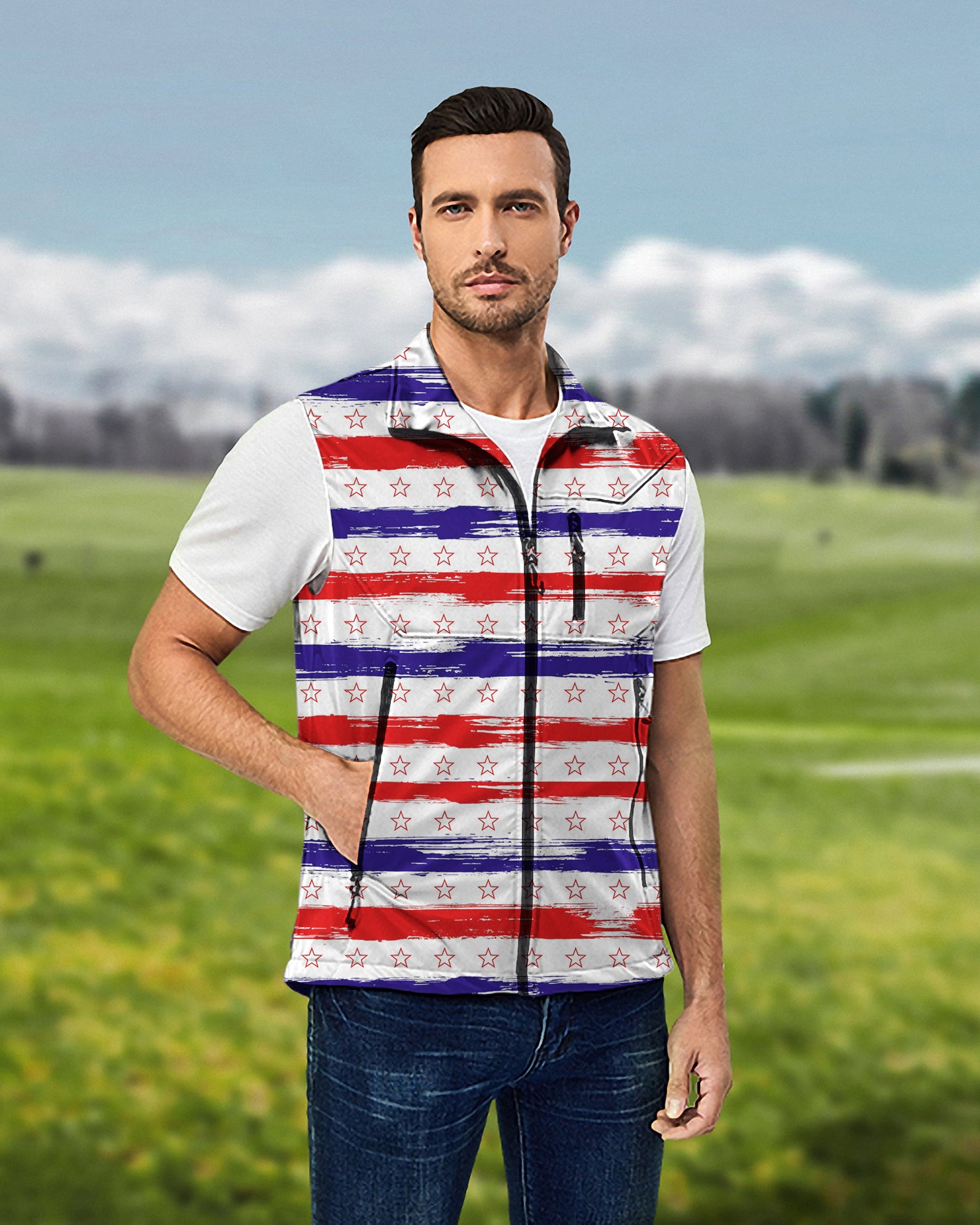 Men's Stars & Stripes Lightweight Softshell Vest Sleeveless Jacket for Golf Windproof Waterproof