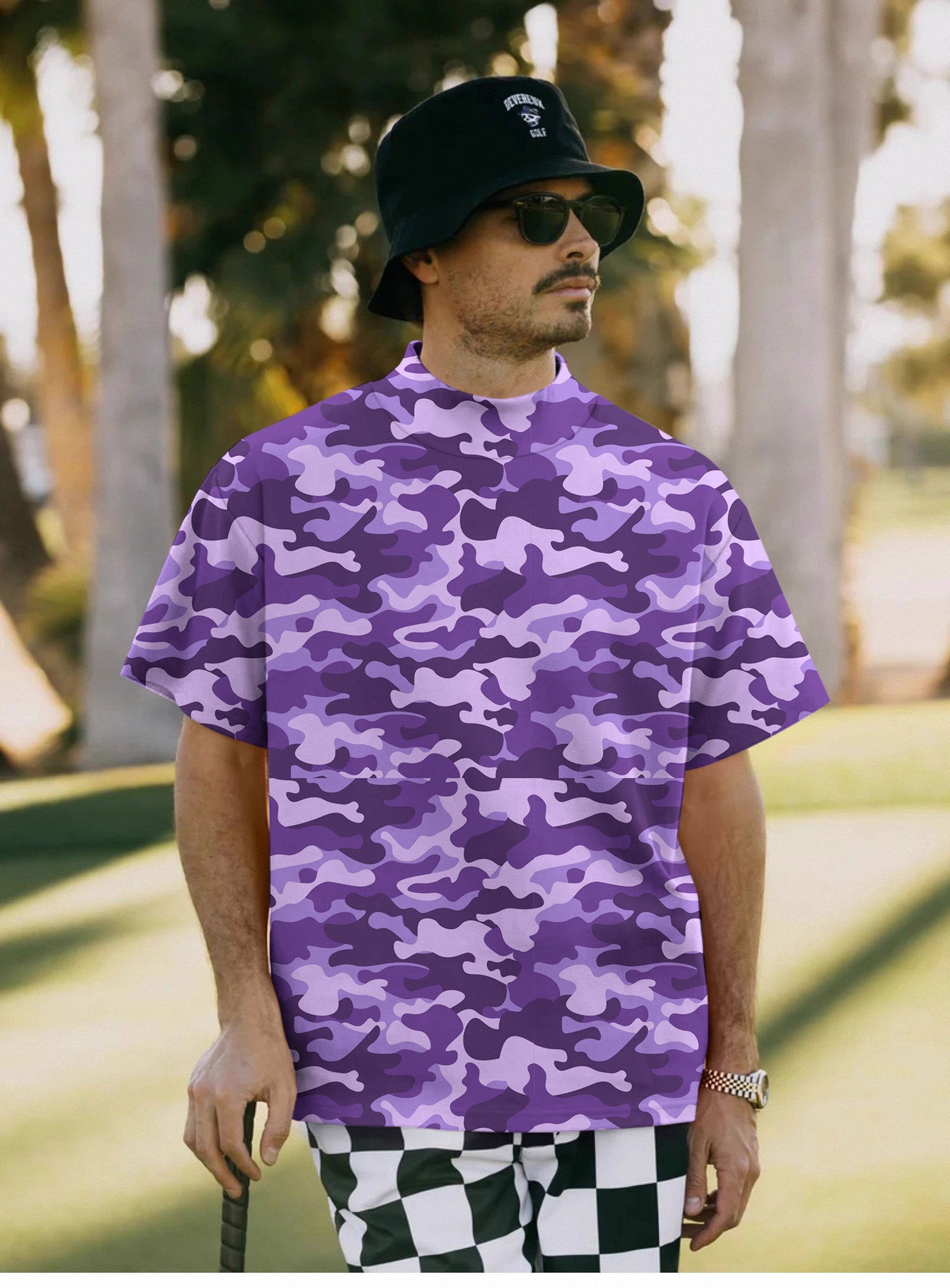 Men's Purple Camo Pullover High neck Long/Short sleeve T-Shirt