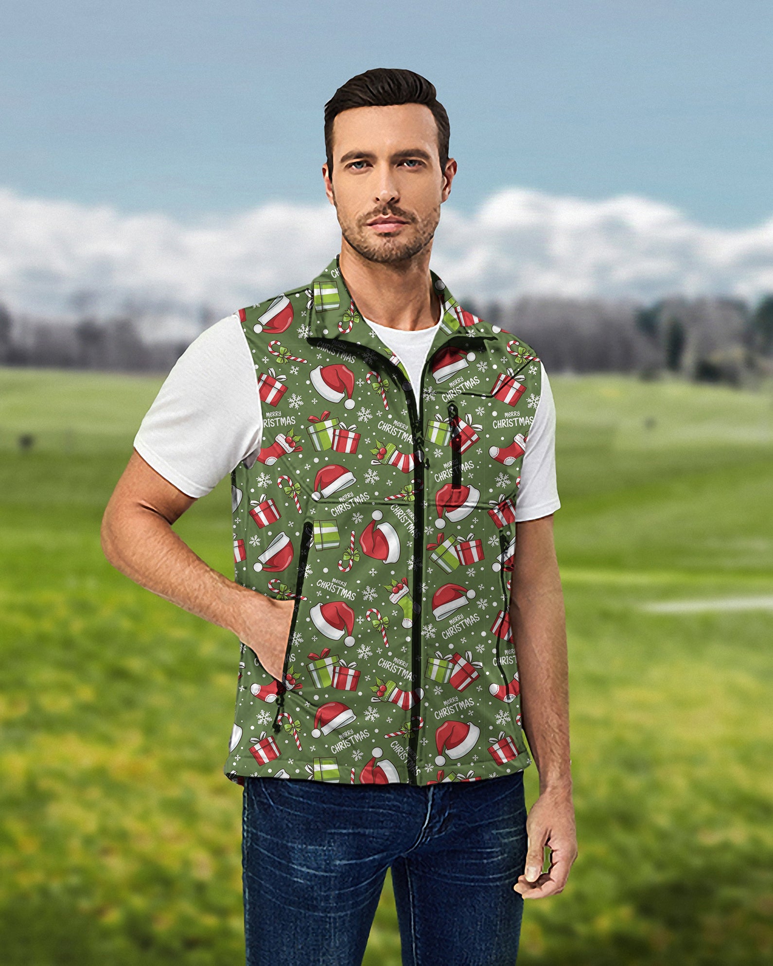 Men's Very Merry XMAS Lightweight Softshell Vest Sleeveless Jacket for Golf