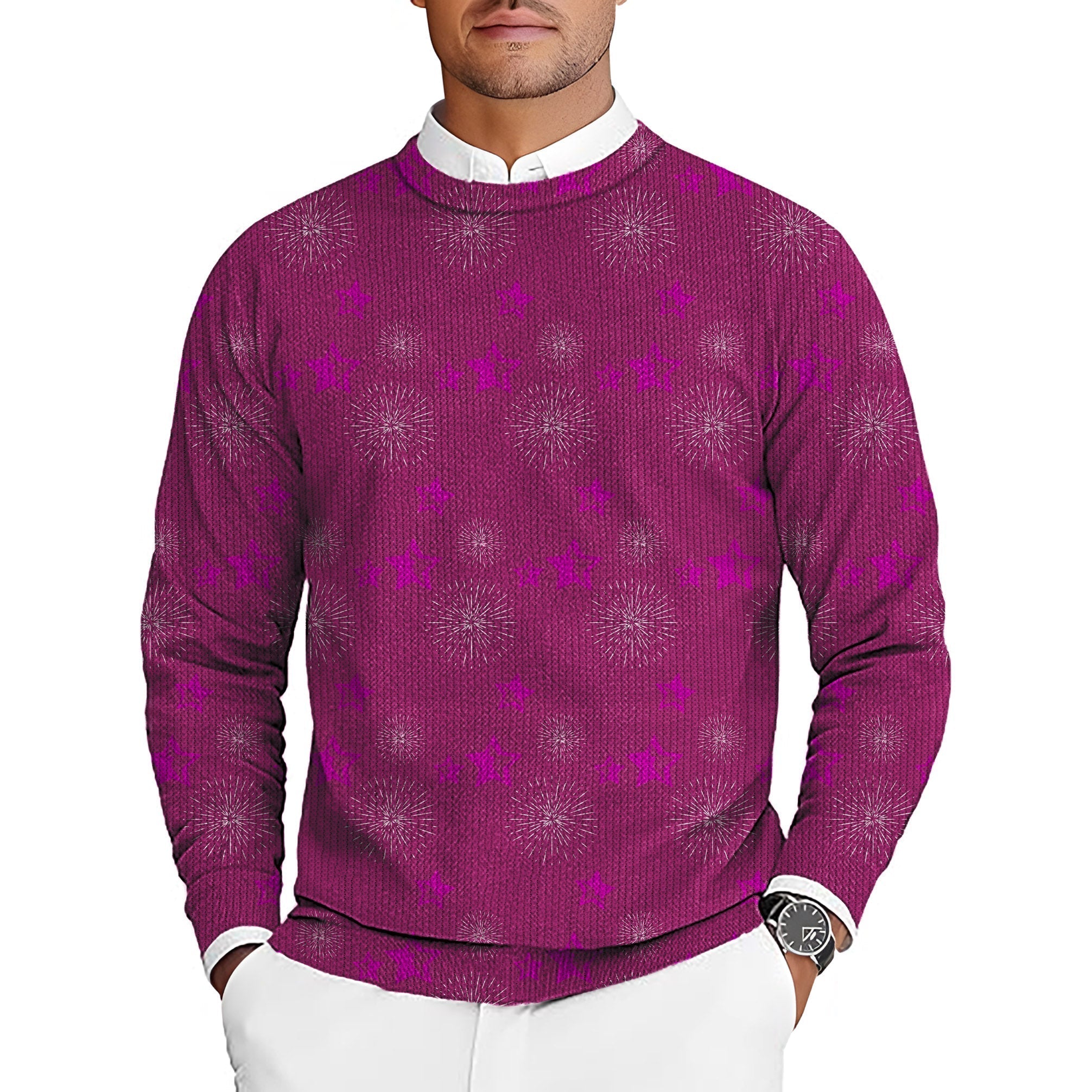 Limited edition men's golf crewneck pullover sweater with pentagram pattern in purple