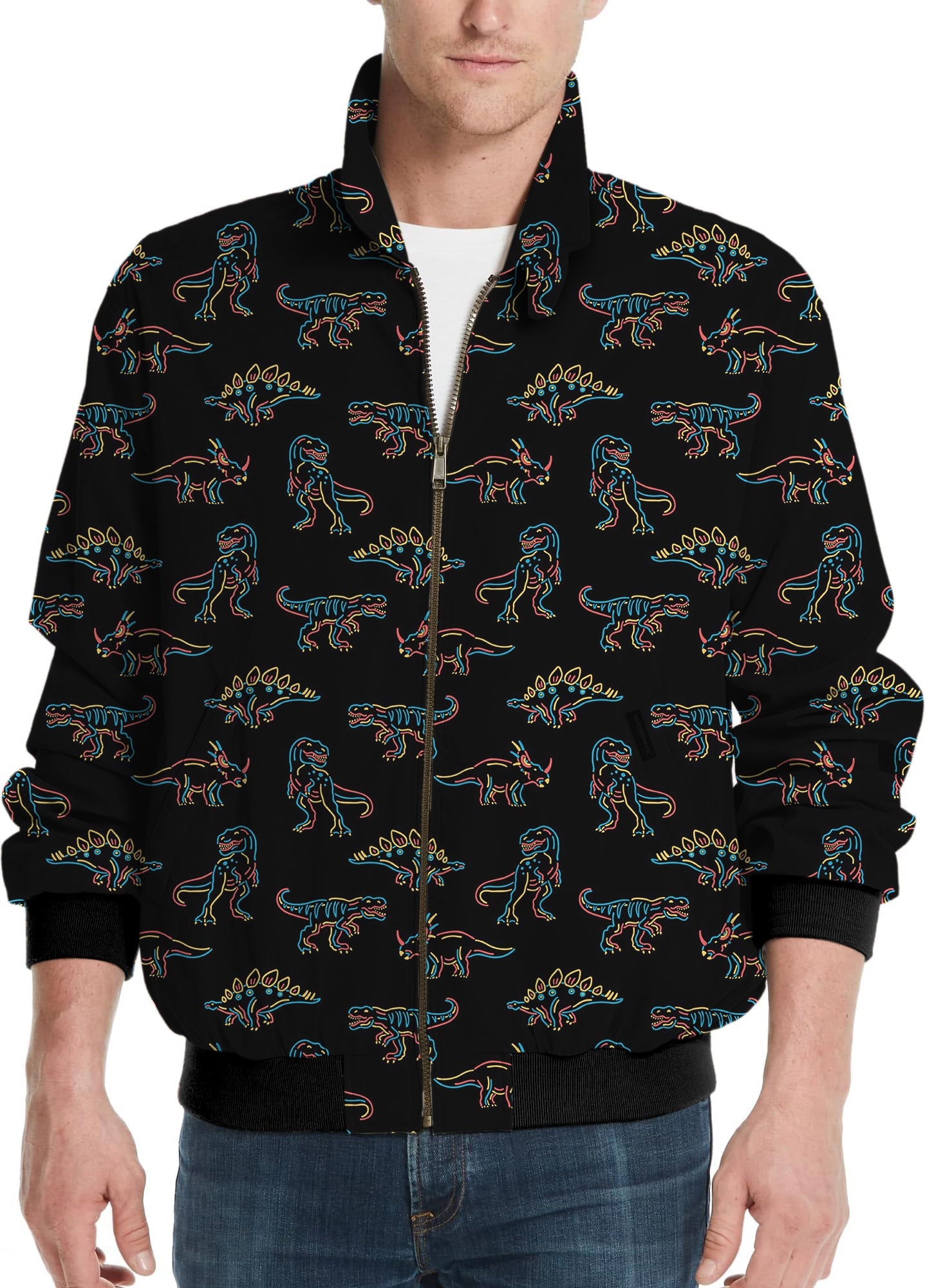Men's golf windbreaker with prehistoric dinosaur print, lightweight, wind and water resistant jacket for casual and sporty wear