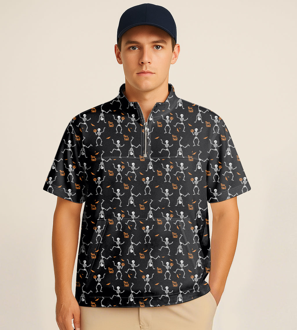 Man wearing half zipper turtleneck short sleeve golf shirt with Halloween dancing skeleton embroidery