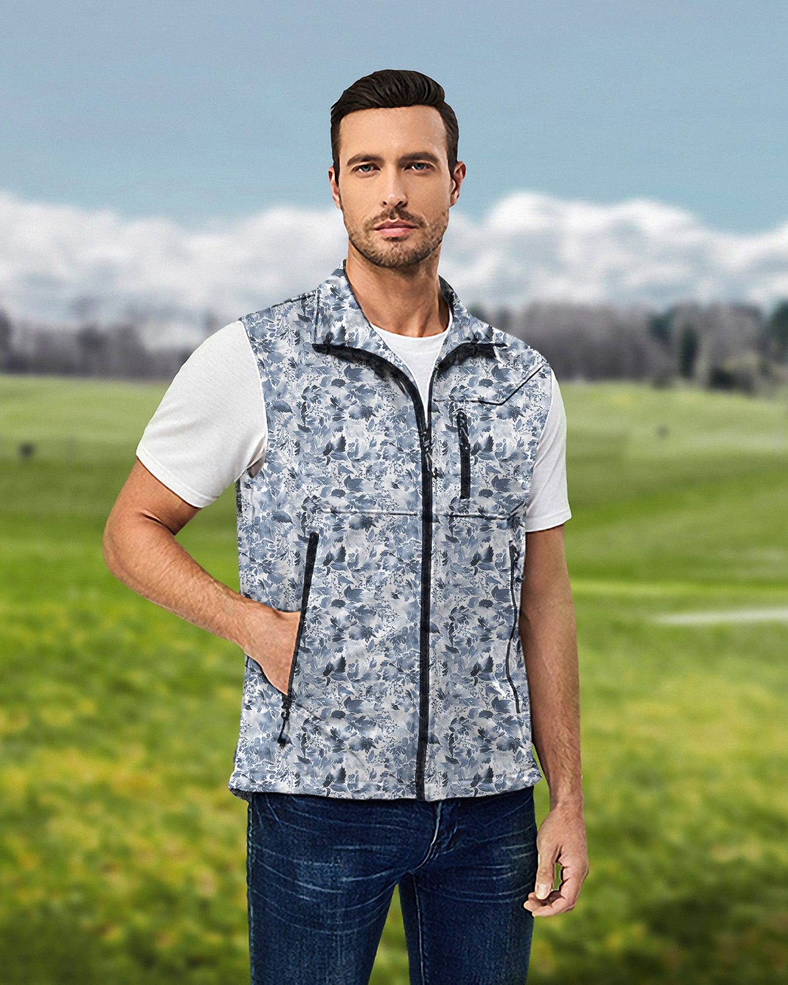Men's BLUE LEAVES Lightweight Softshell Vest Sleeveless Jacket for Golf