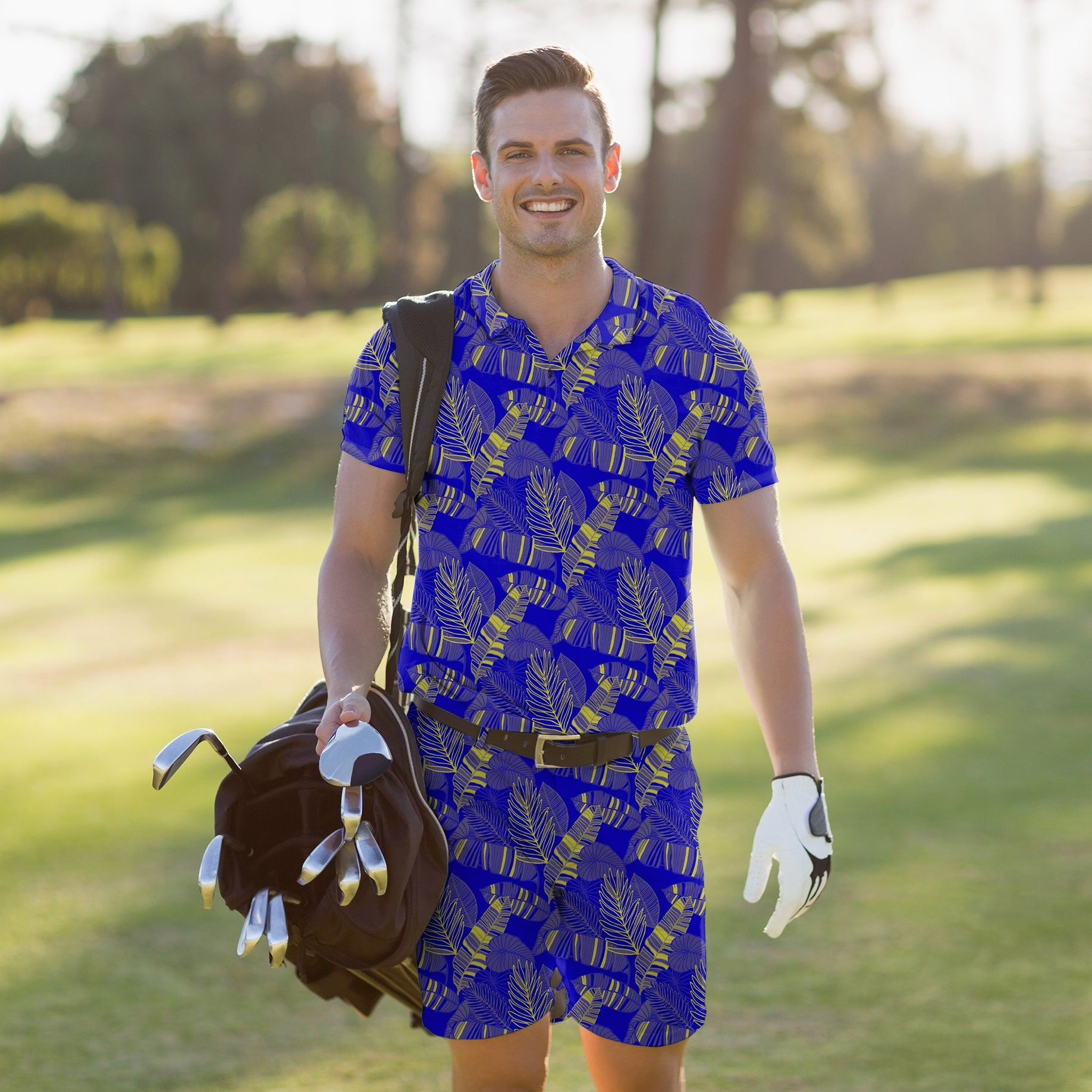 Men's golf set polo and shorts with palm leaf pattern in yellow, moisture-wicking, wrinkle-resistant, UPF 40+ protection, classic fit.