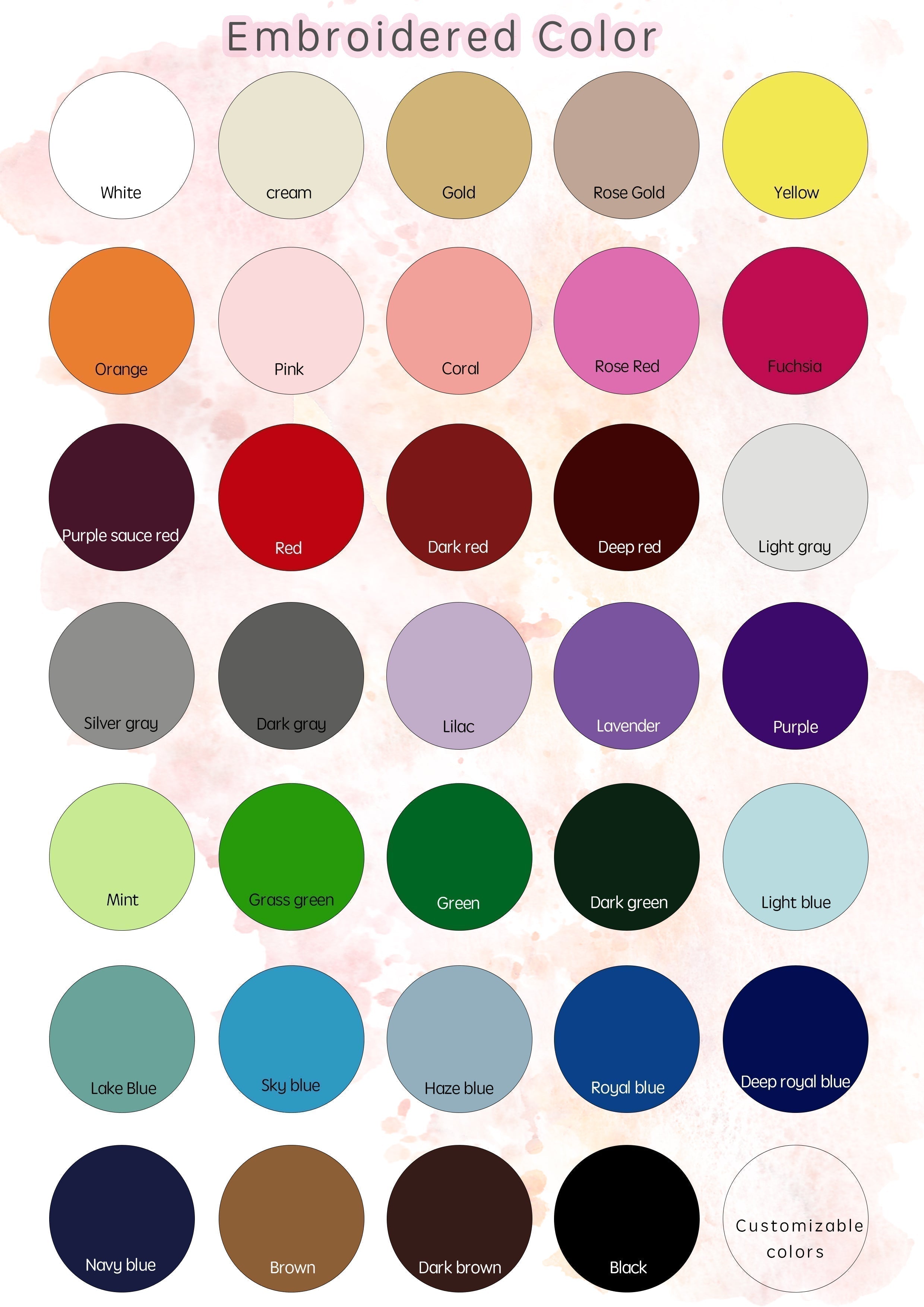 Chart of colorful embroidered thread options for customized embroidered name hats and khaki bucket hat designs