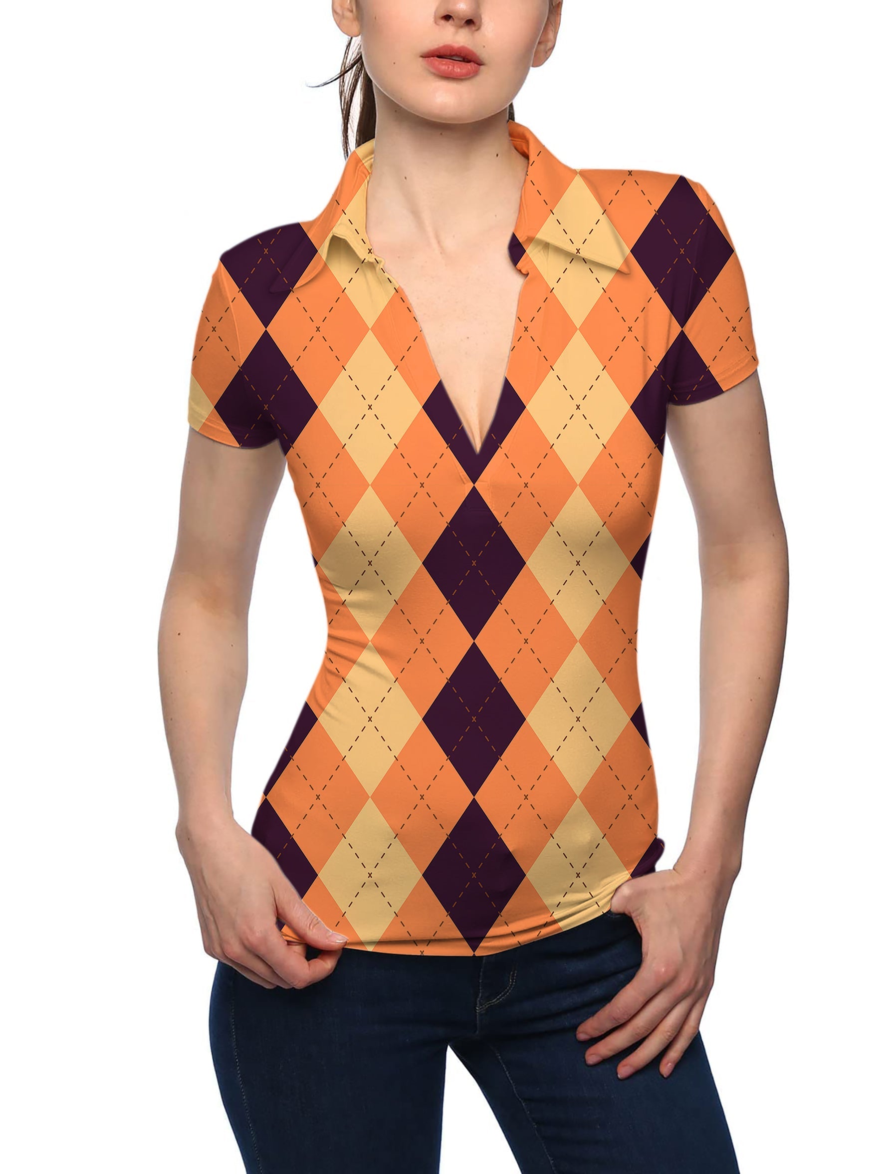 Women's Halloween black light yellow orange argyle V neck golf polo shirt