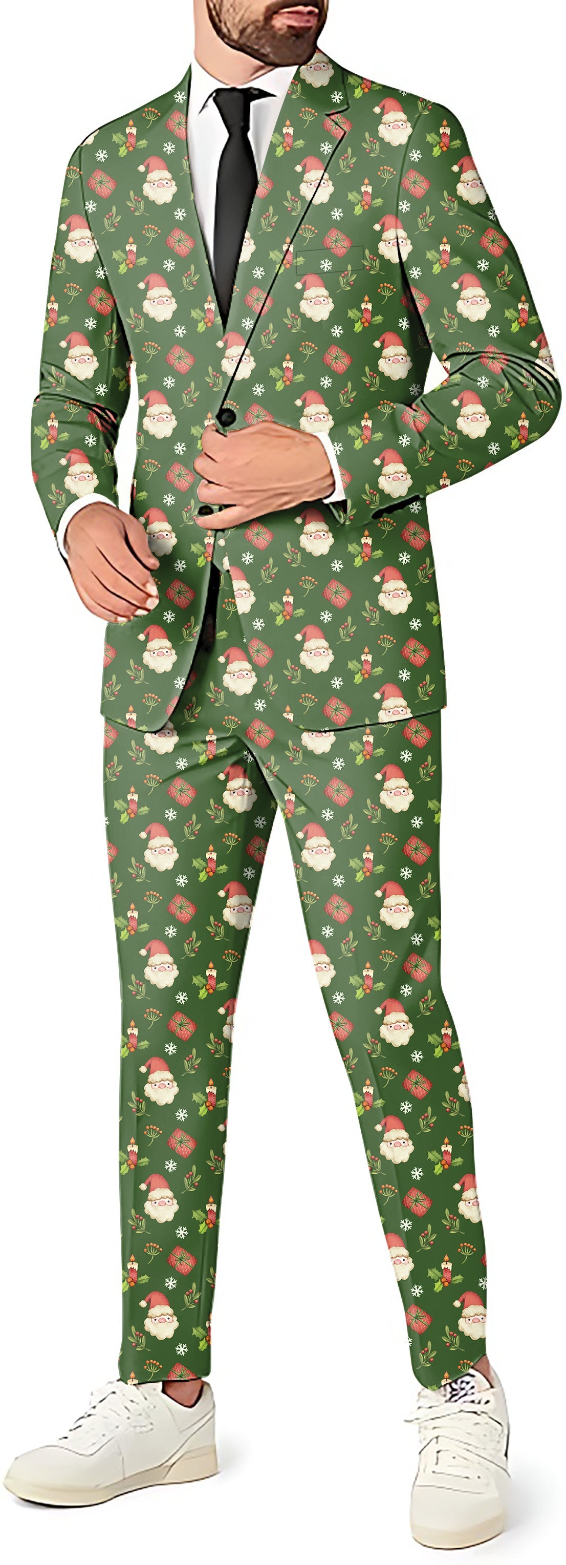 Marry Christmas men's party suit set with green Santa print blazer, pants, and vest
