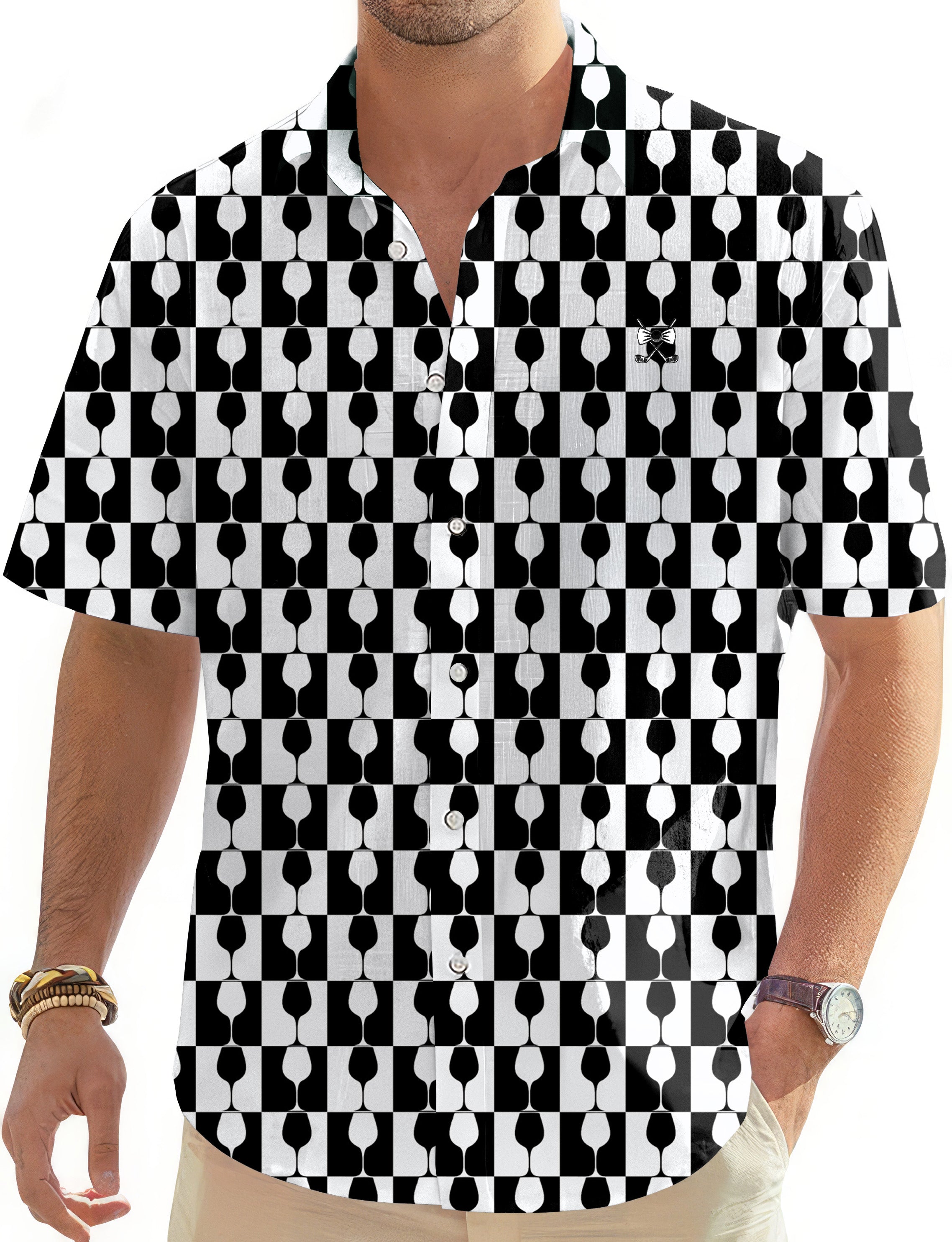 Black And White Wine Cup Men's Golf Hawaiian Shirts Button Down Shirt