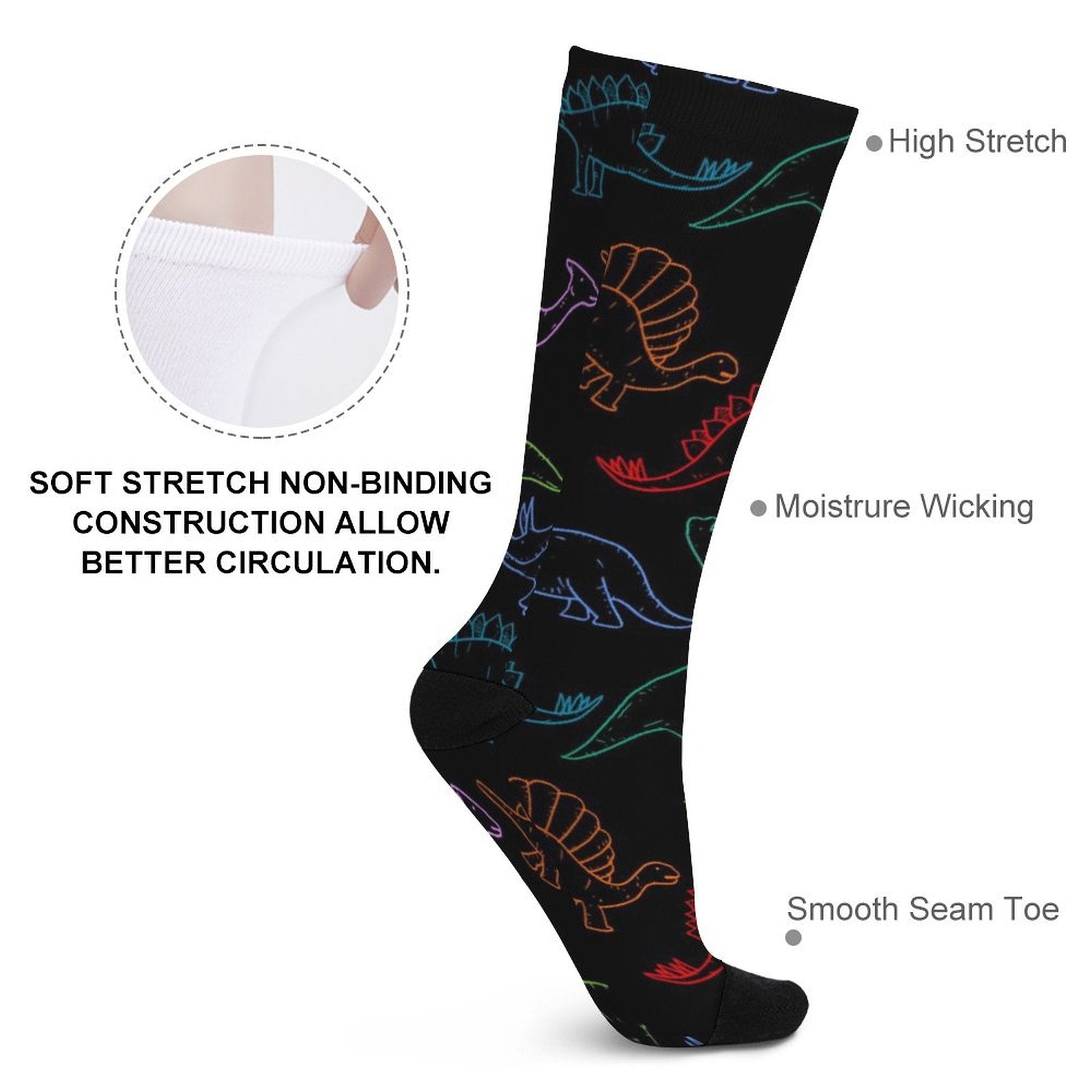Electric dinos printed socks with soft stretch, moisture wicking, and smooth seam toe, ideal gift for men and women