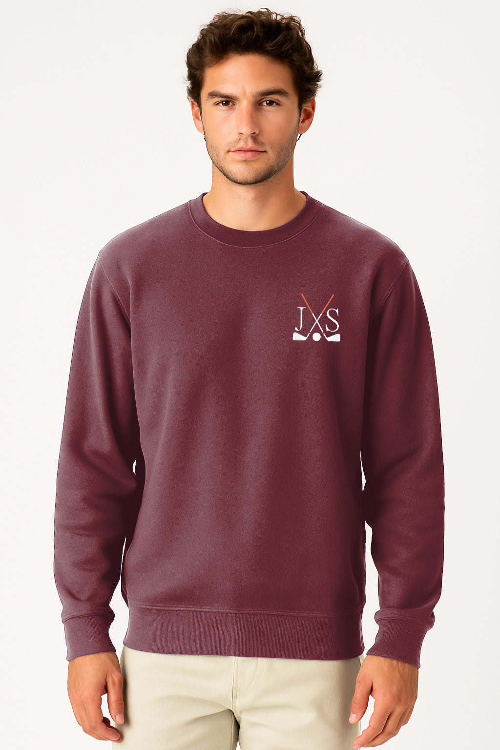 Dark red PLUS size men's crew neck sweatshirt with embroidery, rib knit cuffs, and front pouch pocket