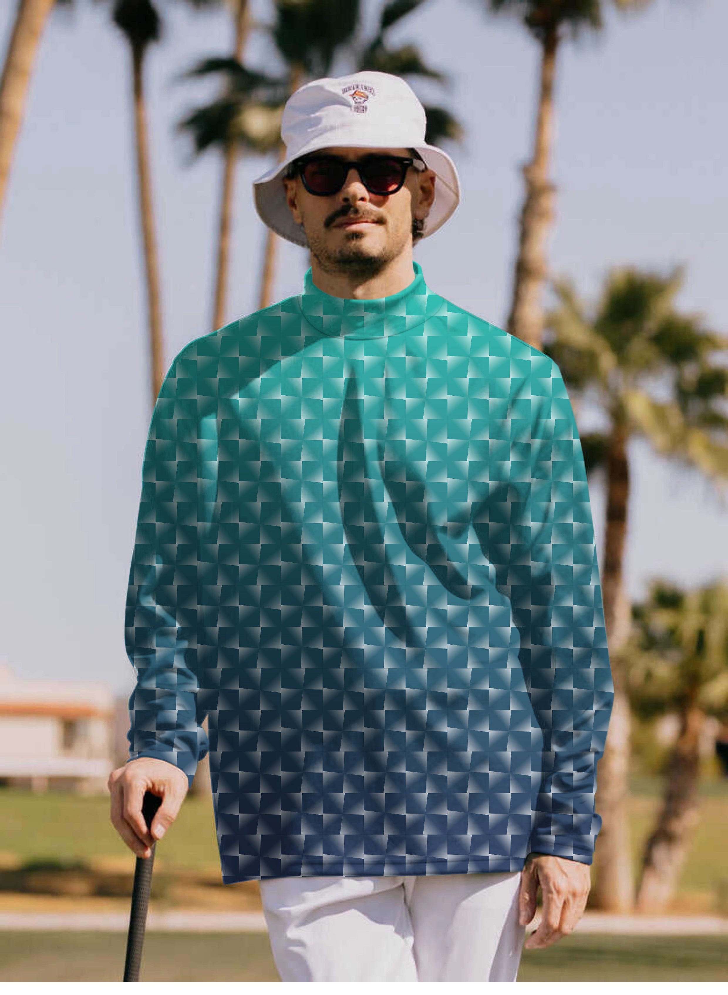 Men's cyan gradient custom sport team competition long sleeve pullover shirt on golfer outdoors